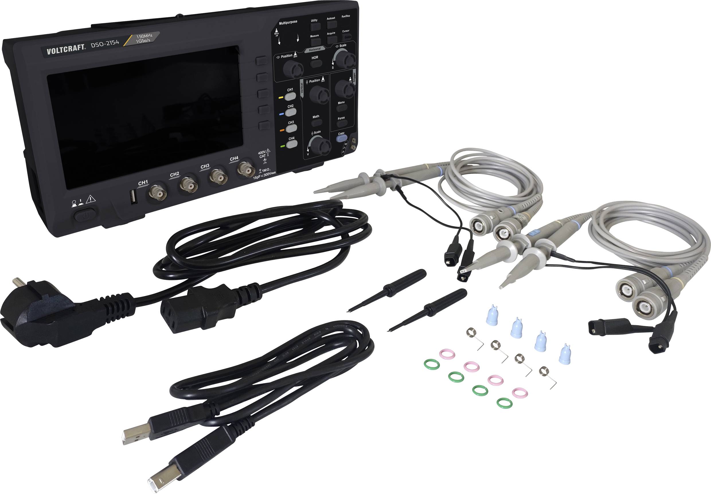 Oszilloskop mit Zubehör: zwei Tastköpfe, Kabel, Farbringe und Ersatzteile. Gerät zum Messen und Darstellen elektrischer Signale.
