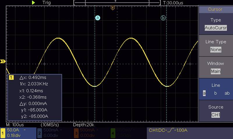Oszilloskop-Display zeigt eine Sinuswelle, Frequenz 2,033 kHz. Amplitude: 0,368 mA, Spitzenwerte bei 85 mA. Zwei vertikale Markierungen auf der Welle.