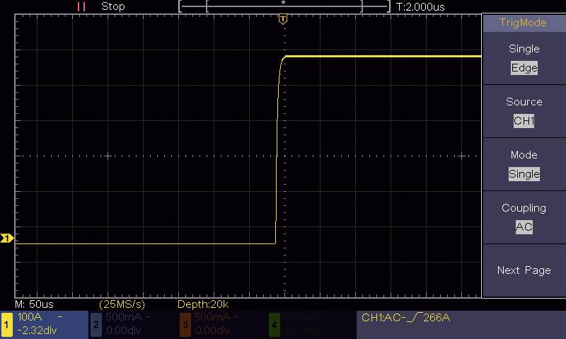 Oszilloskop-Display: Gelbe Linie zeigt sprunghaften Anstieg von -2,32 bis 0 in 100 μs; Modi: Single, AC, TrigMode: Single Edge.