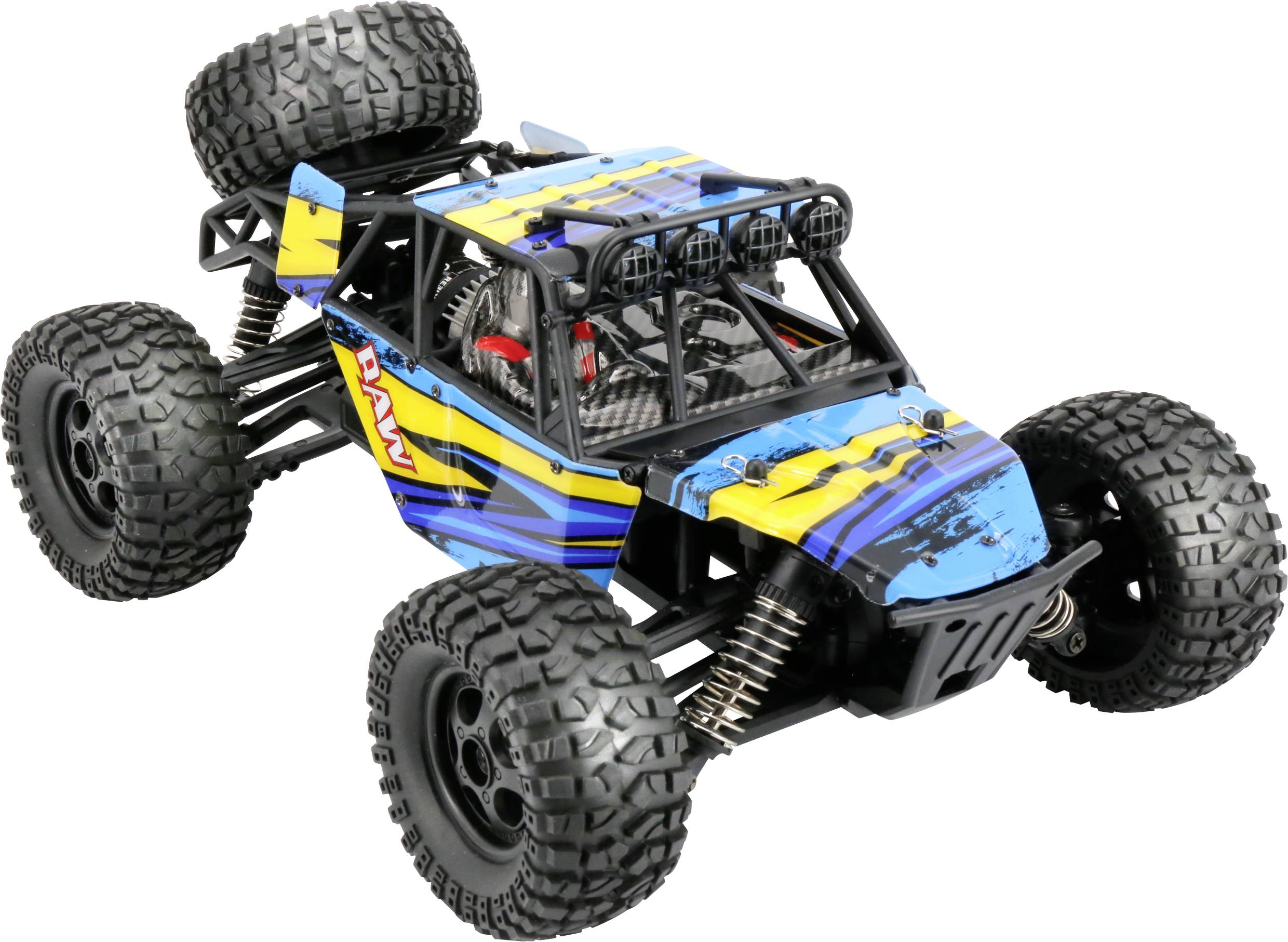 Ein ferngesteuertes Auto mit großen Geländereifen und einem bunten Design in Blau und Gelb, geeignet für Offroad-Fahrten.