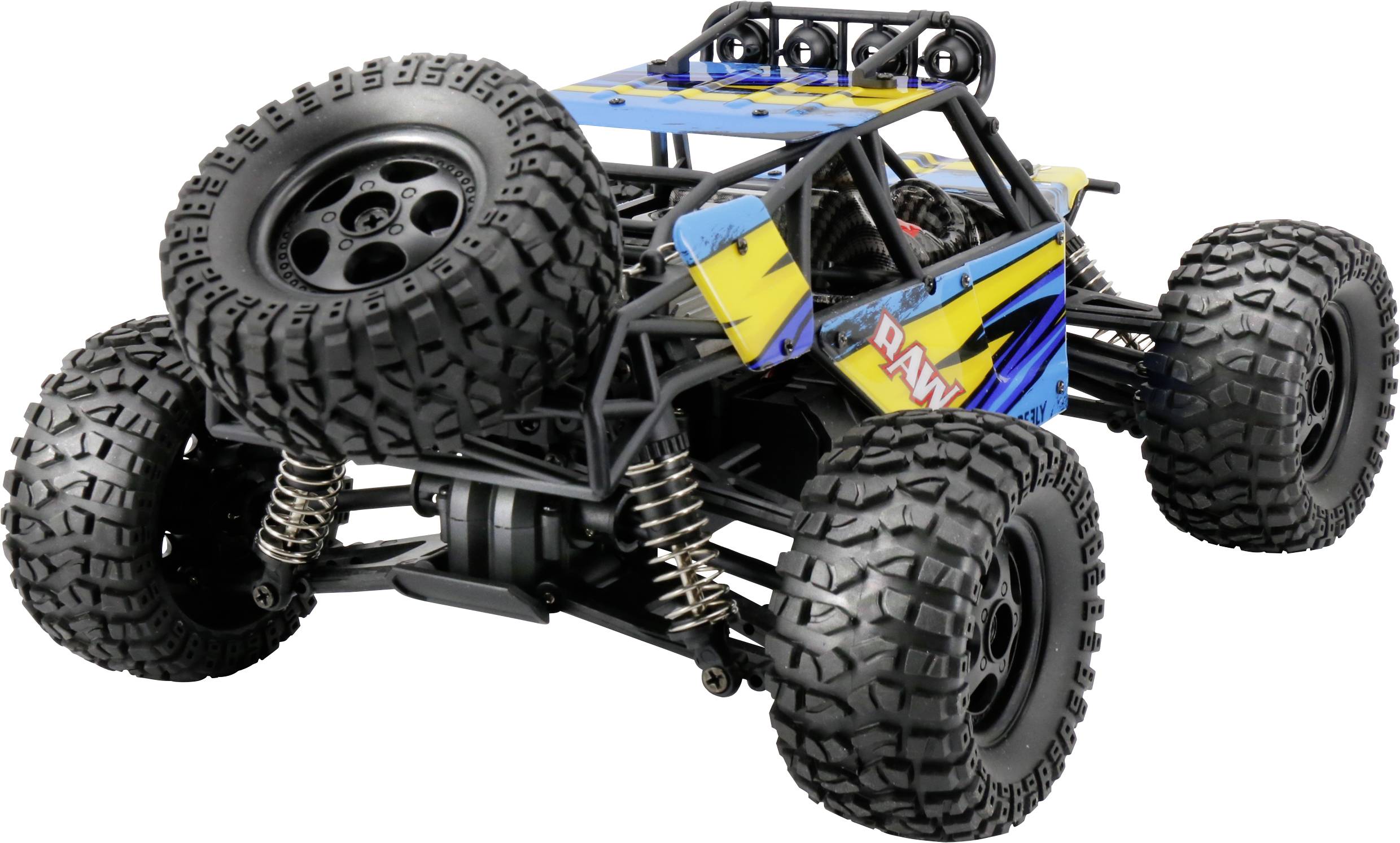 Ein ferngesteuertes Auto mit großen Offroad-Reifen und einer blauen und gelben Karosserie, das für Geländefahrten geeignet ist.