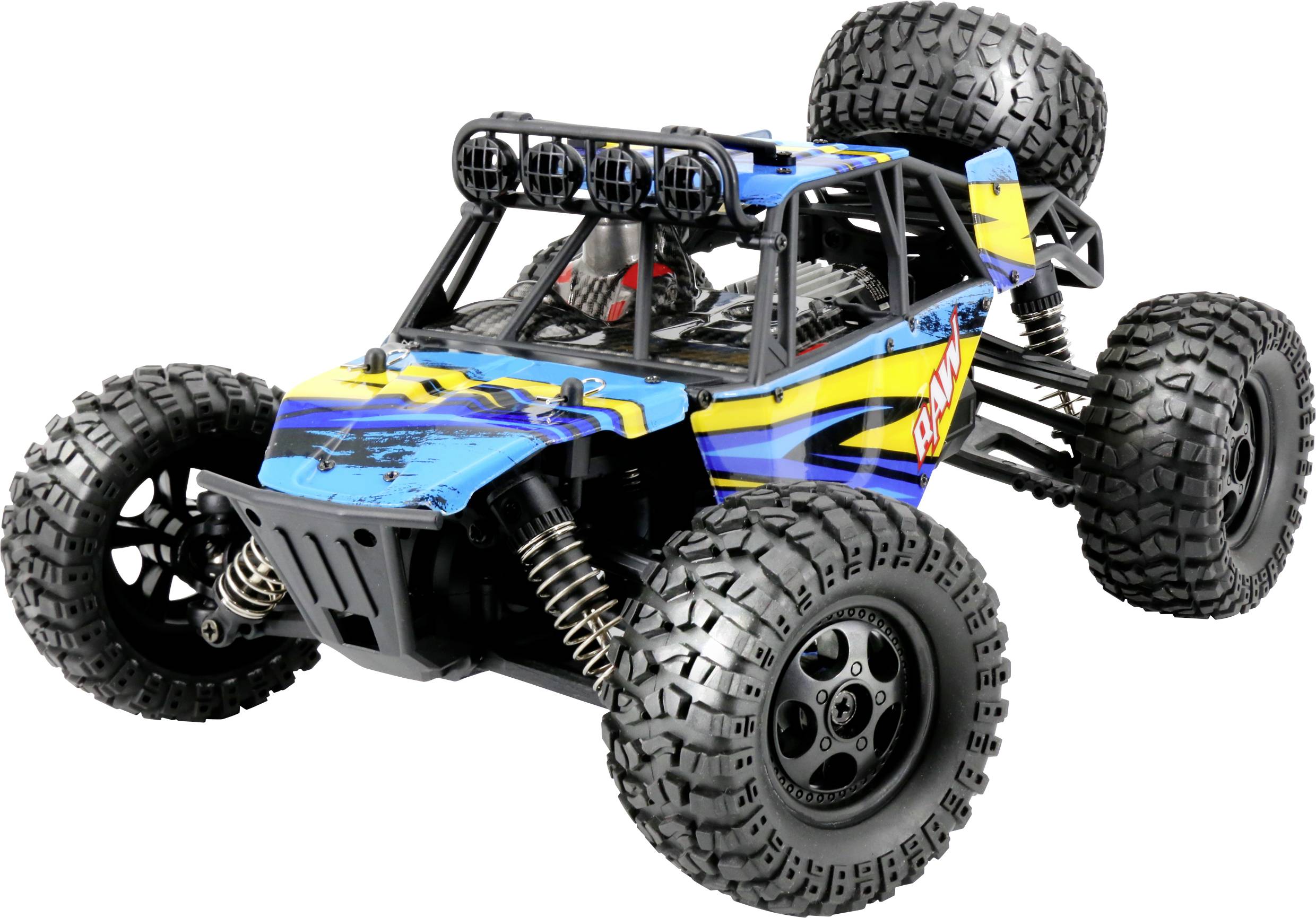 Ein blauer ferngesteuerter Offroad-Buggy mit großen, grob profilierten Reifen, geeignet für unwegsames Gelände.