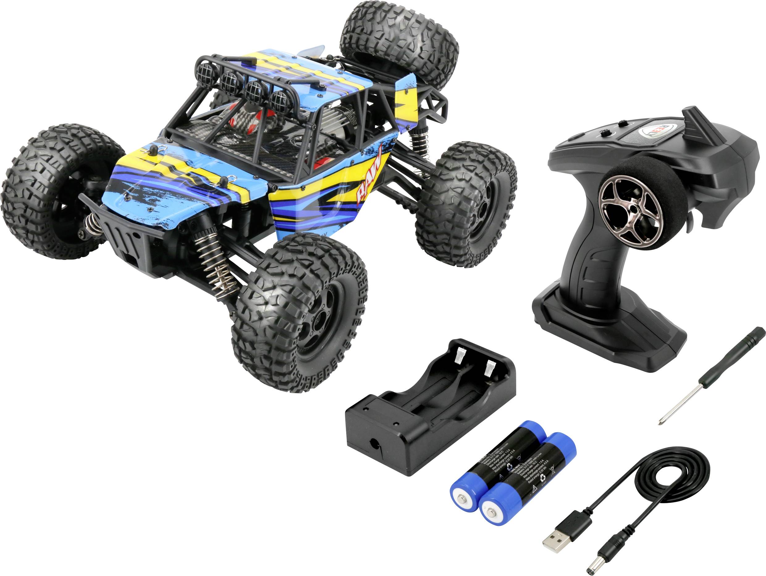 Ferngesteuertes Auto-Set mit blau-gelbem Modellauto, Fernbedienung, Akkus, Ladegerät, Schraubenzieher und Ladekabel.