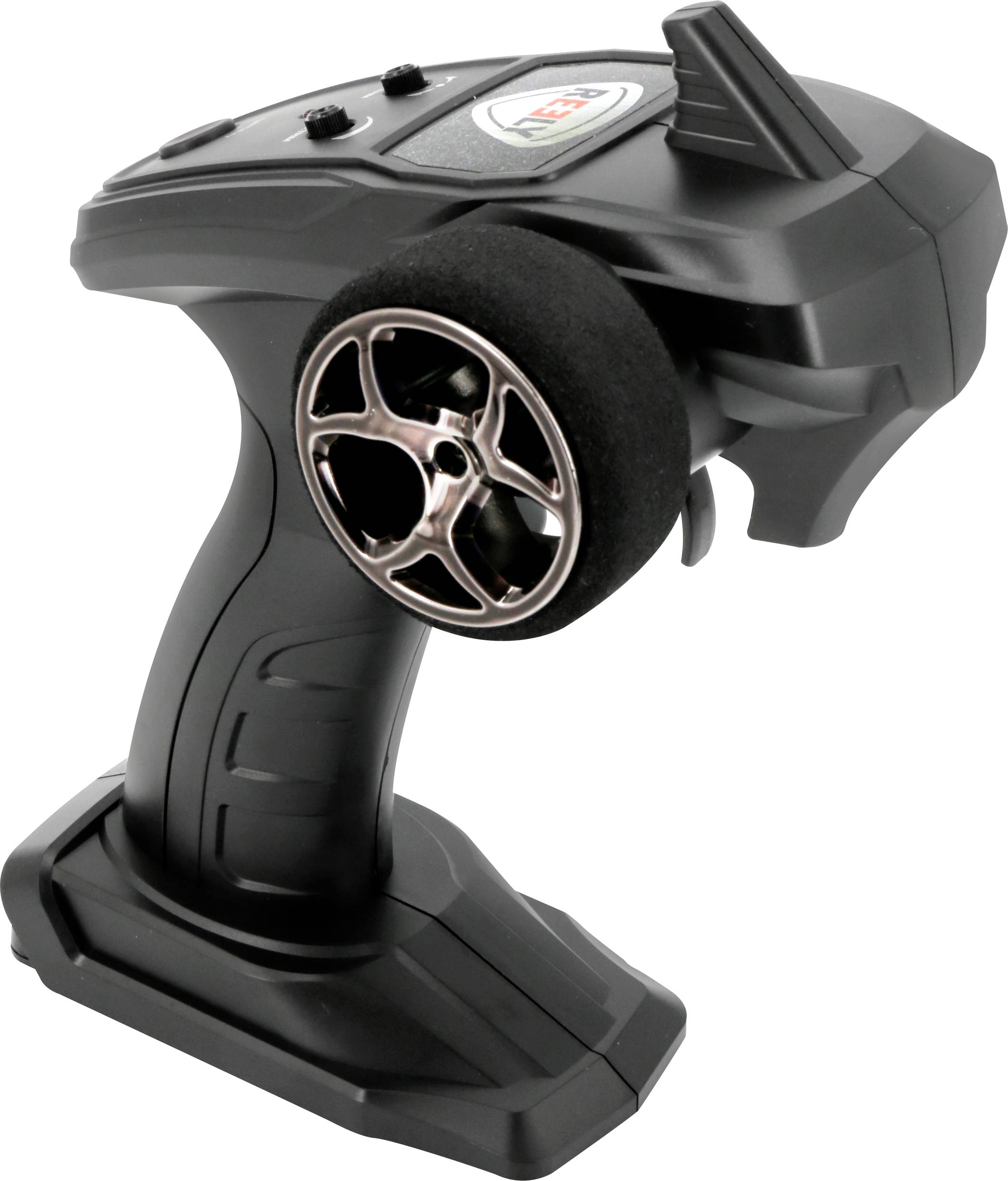 Eine schwarze Fernsteuerung mit Rad für ferngesteuerte Modelle, mit mehreren Knöpfen zur Steuerung und einem Griff für einfache Handhabung.