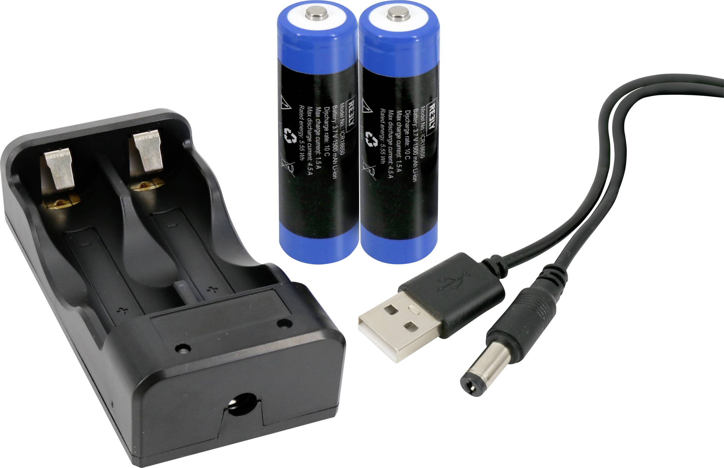Ladegerät mit zwei blauen Batterien und einem USB-Kabel.
