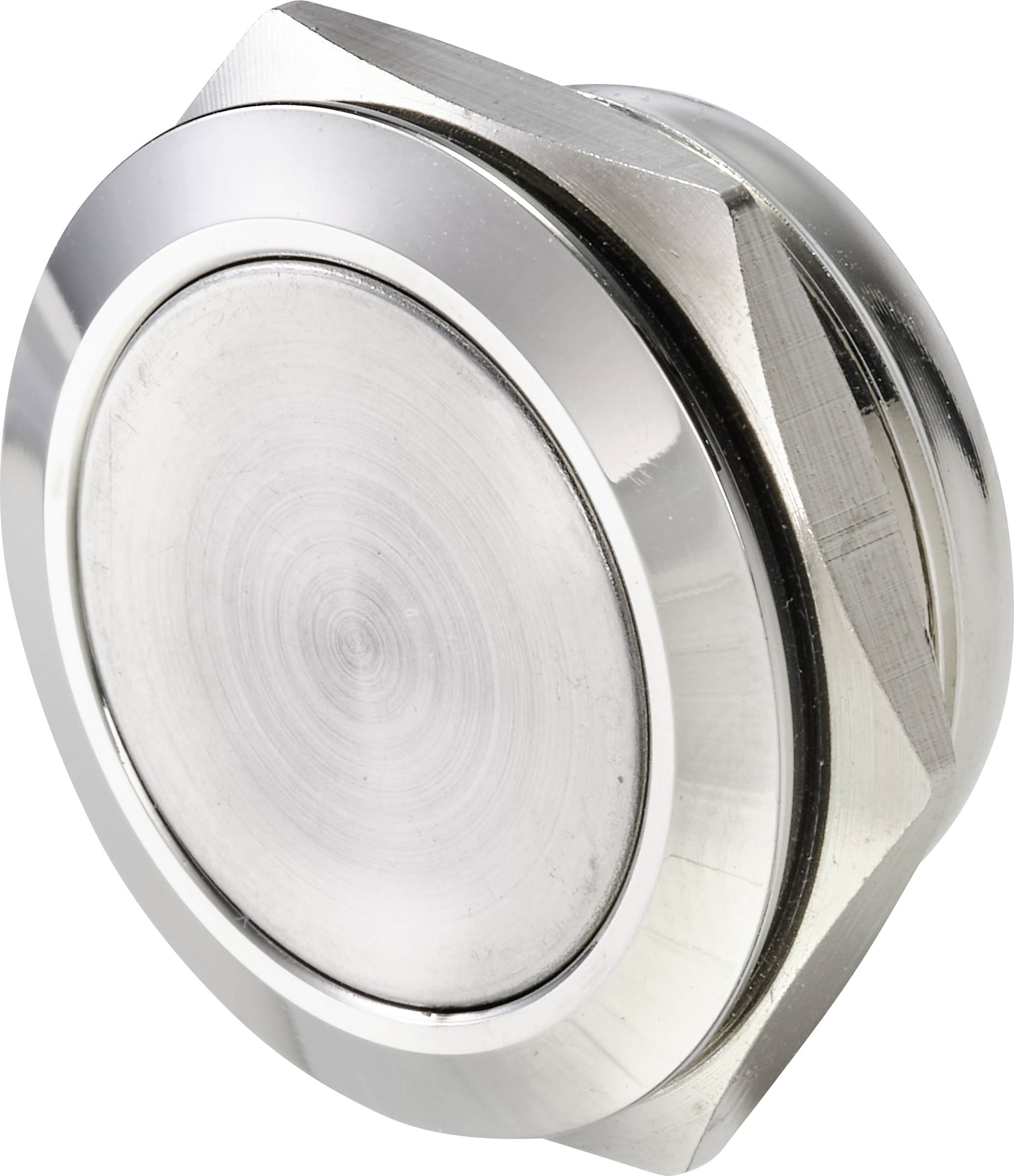 Ein runder, metallischer Knopf mit abgerundeten Kanten und einem reflektierenden Finish.