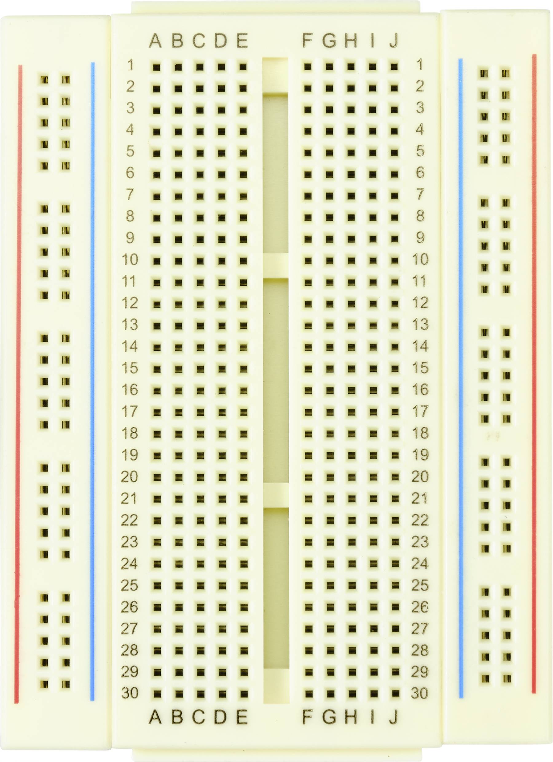 Eine weiße Steckplatine mit nummerierten horizontalen Reihen und beschrifteten vertikalen Spalten A-J. Links und rechts verlaufen blaue und rote Stromschienen.