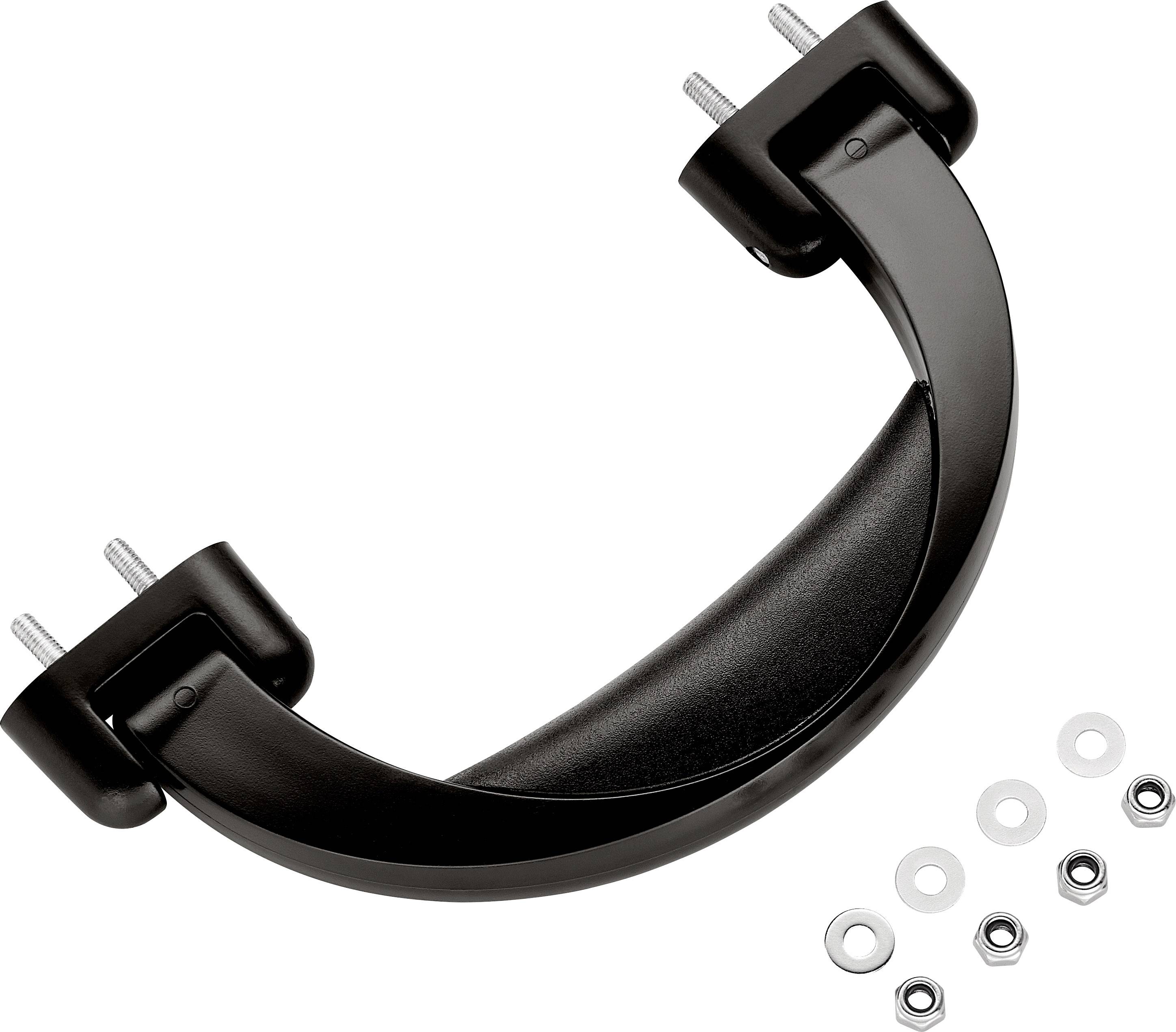 Schwarzer Griff mit zwei Befestigungsschrauben und mehreren Unterlegscheiben auf weißem Hintergrund.