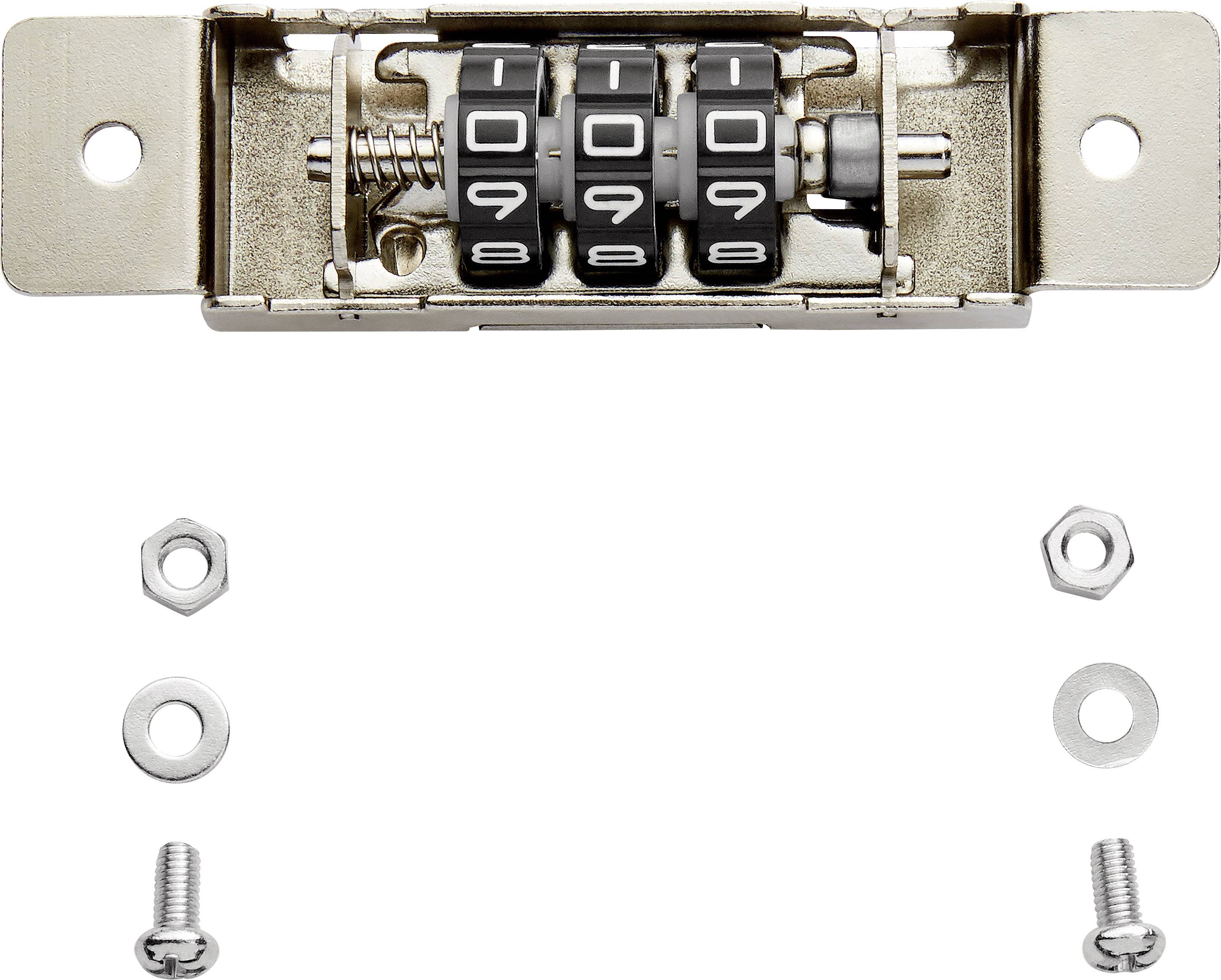 Metallisches Zahlenschloss in Silber mit drei schwarzen Drehscheiben (8, 0, 9) und benachbarten Schraub- sowie Mutternteilen.