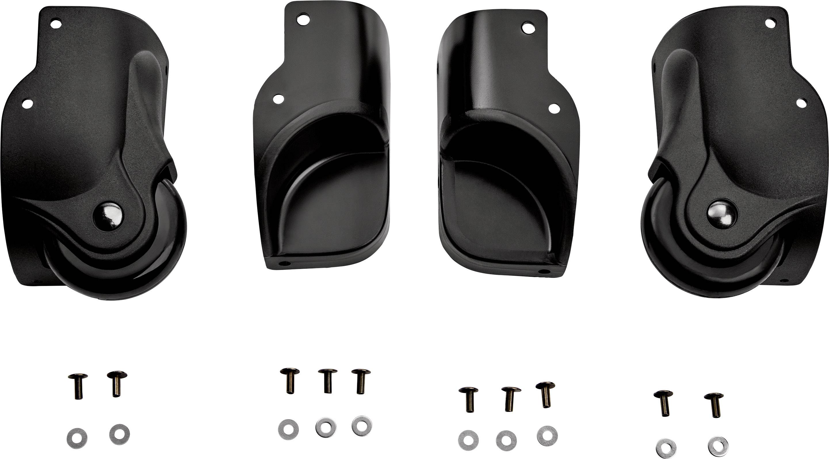 Vier schwarze Rollen, zwei mit Rädern, zwei ohne. Enthält Montagematerial: Schrauben und Unterlegscheiben.