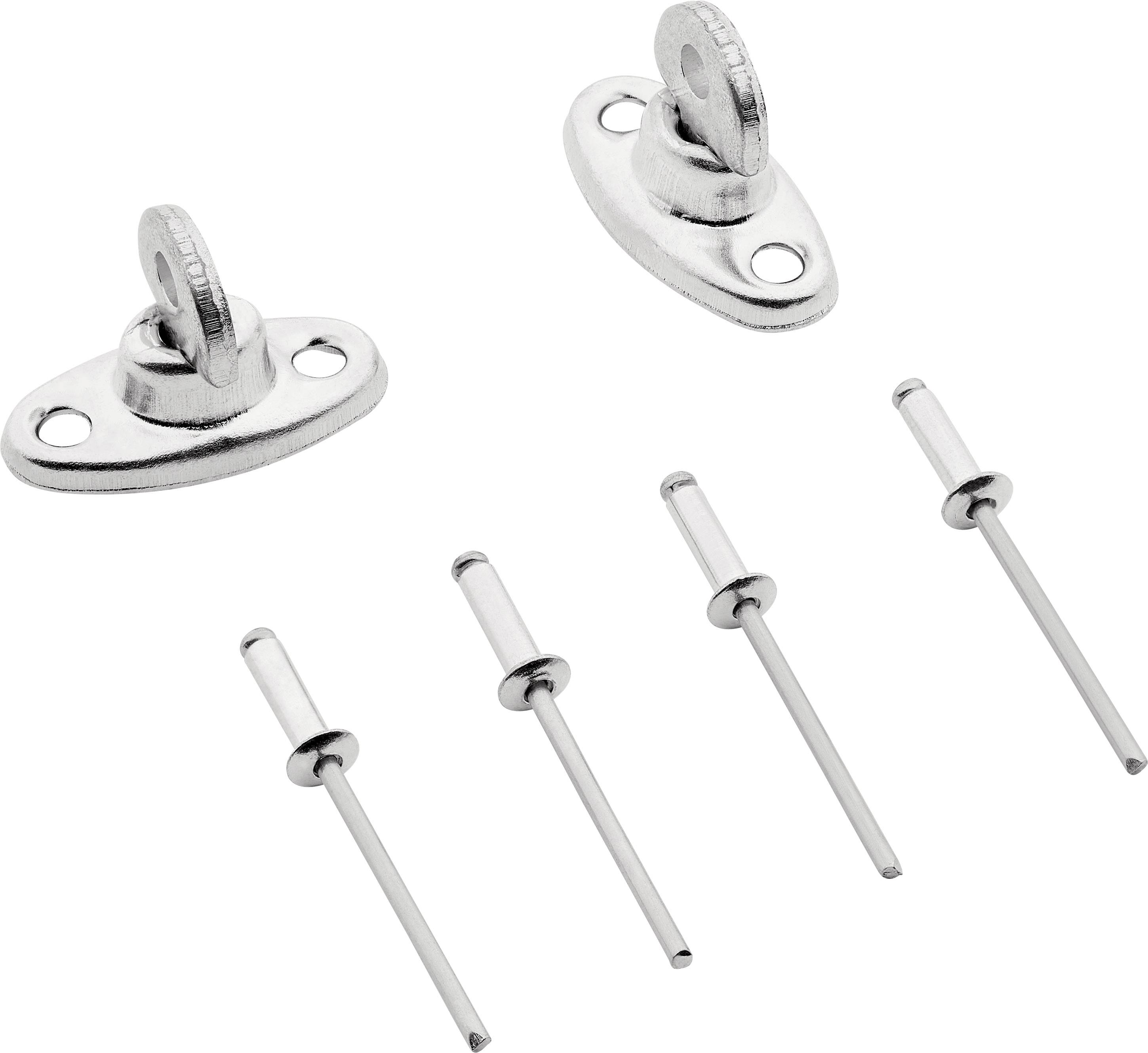Metallhalterungen mit jeweils zwei Löchern und vier dazugehörigen Nieten. Geeignet für Befestigungszwecke.