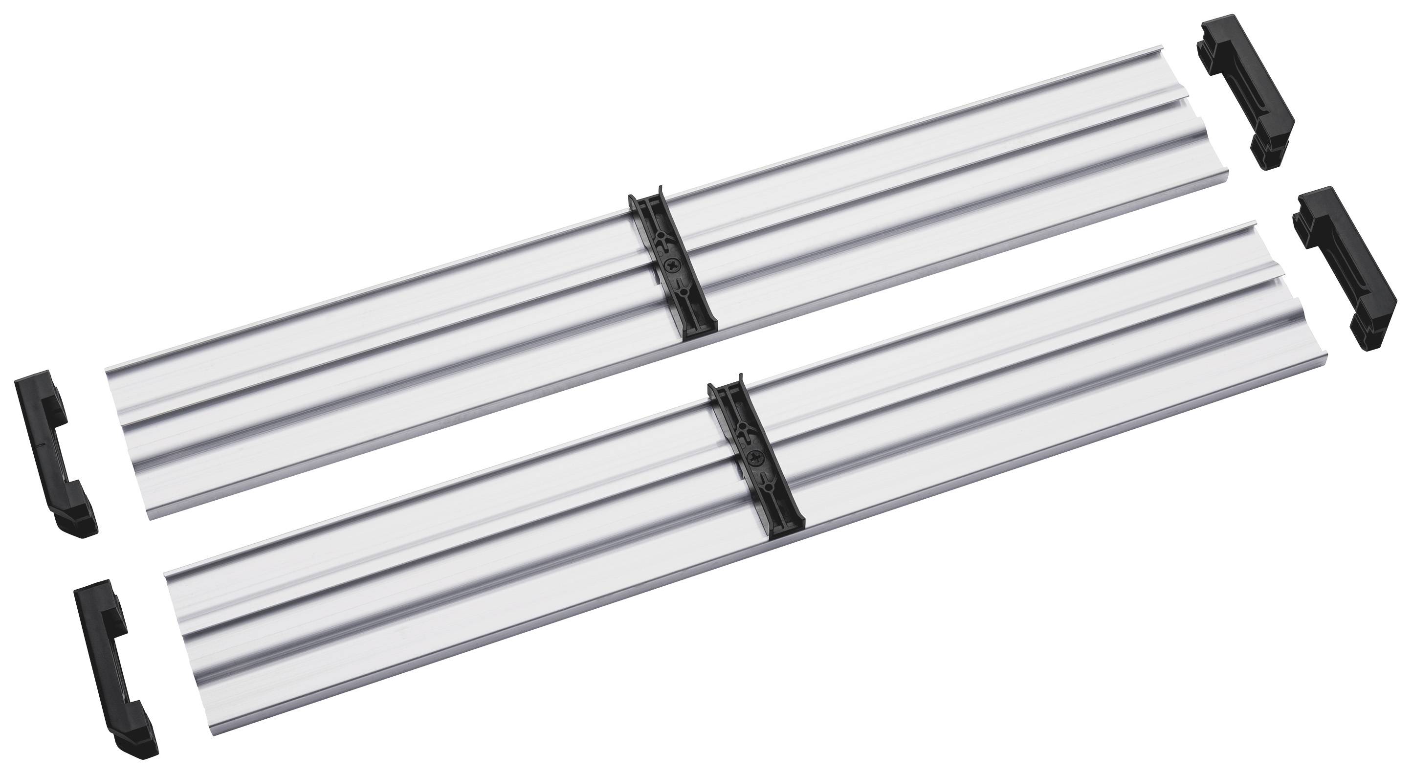 Zwei silberne Schienen mit schwarzen Klemmen an den Enden. Sie sind nebeneinander positioniert und haben ein gerilltes Design.