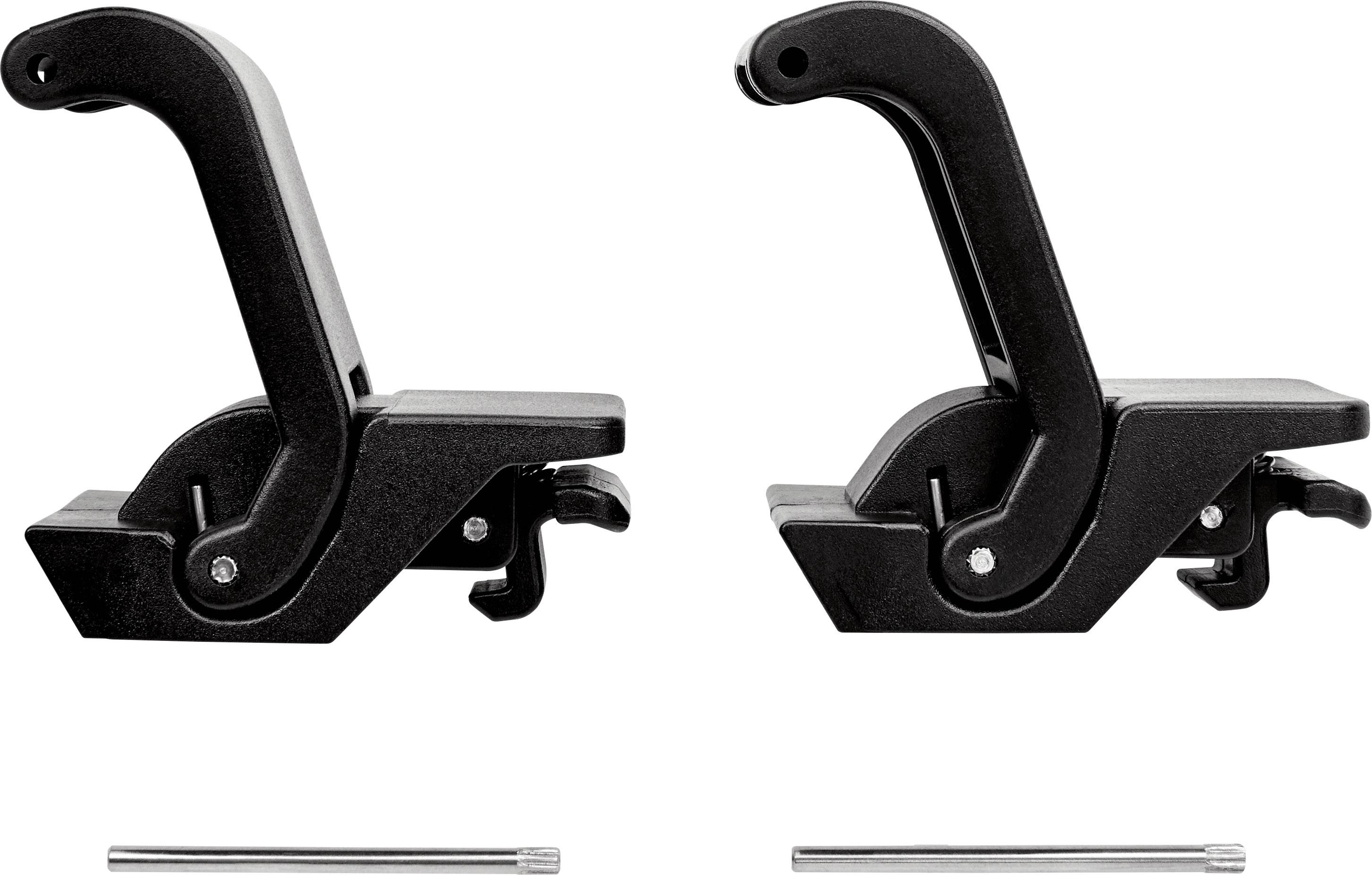 Zwei schwarze Kunststoff-Klammern nebeneinander, je mit Metallstift, vor weißem Hintergrund.