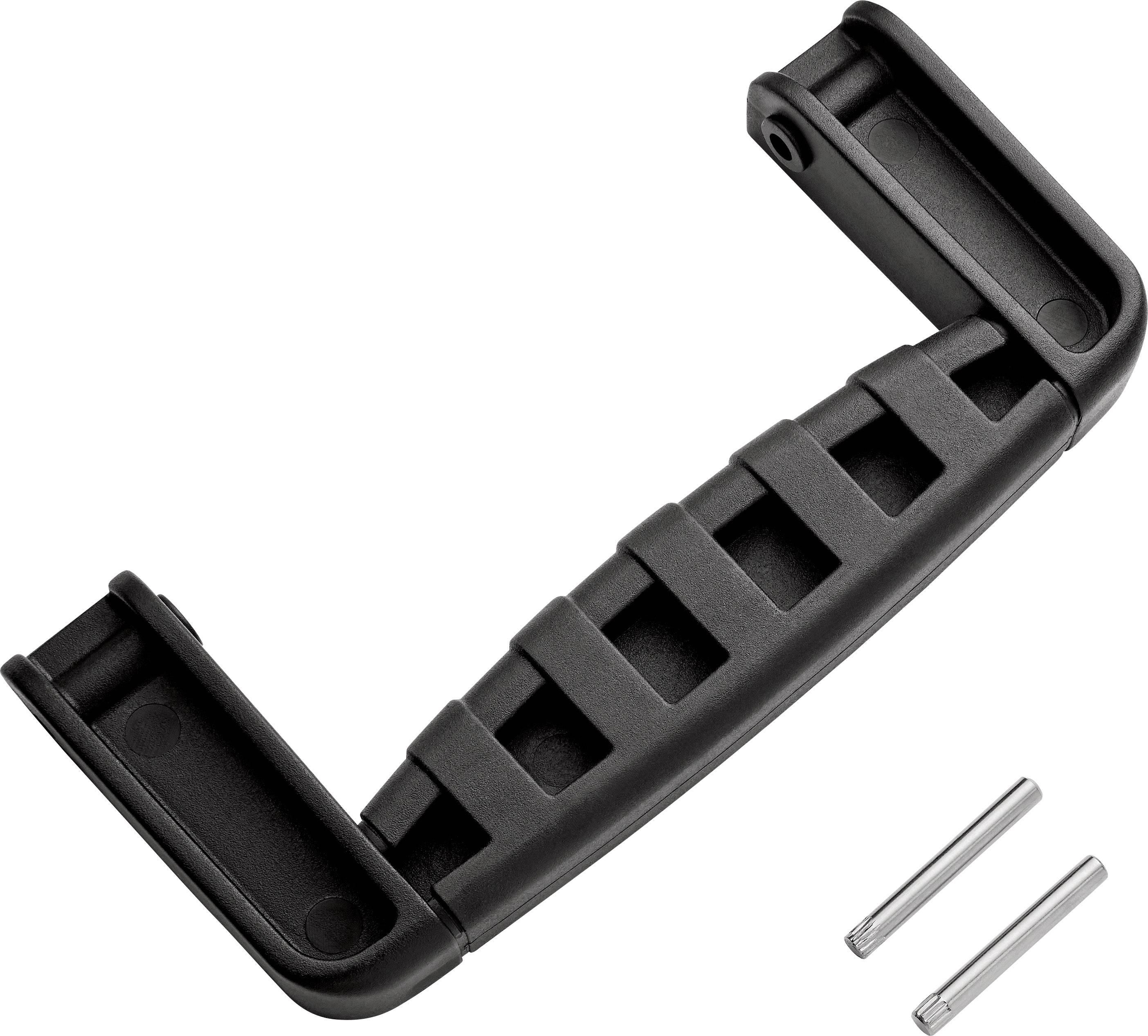 Schwarzer Kunststoffgriff mit gerippter Struktur und zwei silbernen Metallstiften daneben, passend für Möbel oder Maschinen.