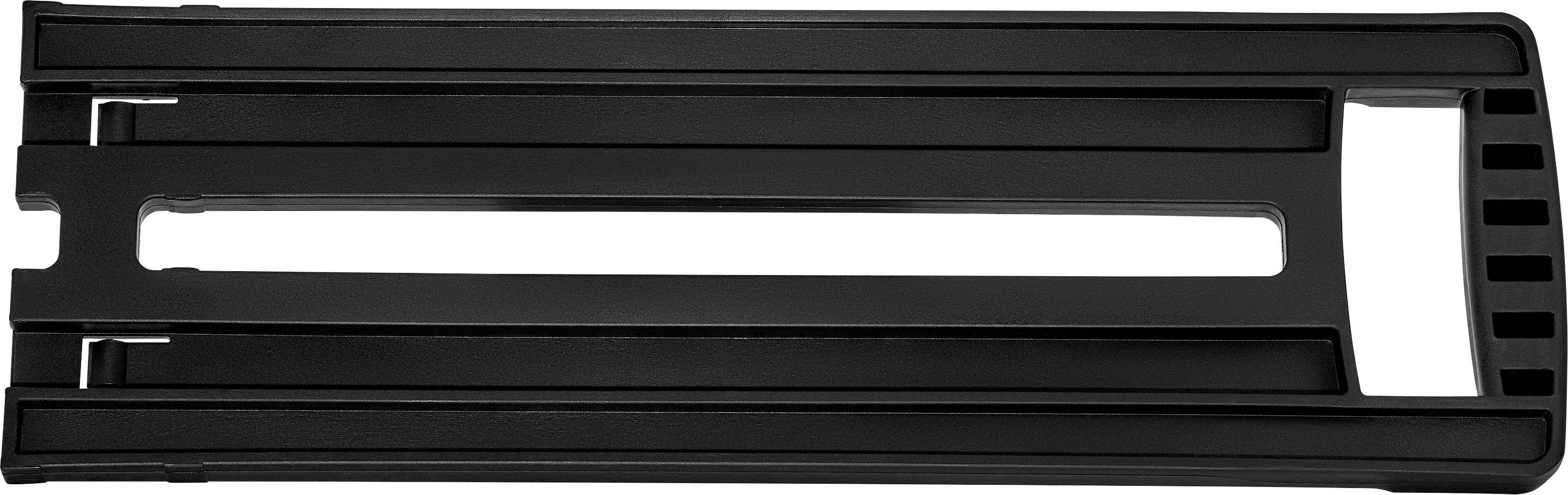 Schwarzer Fahrrad-Gepäckträger aus Kunststoff, horizontal ausgerichtet, mit mehreren rutschfesten Stangen für zusätzliches Gepäck.