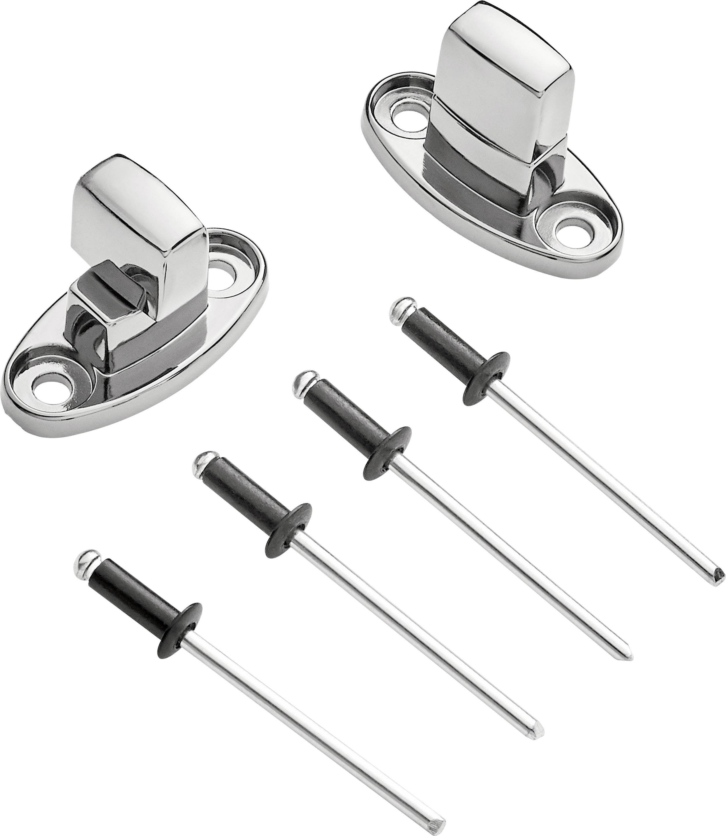 Zwei silberne Riegel mit Schraublöchern und vier Nieten.