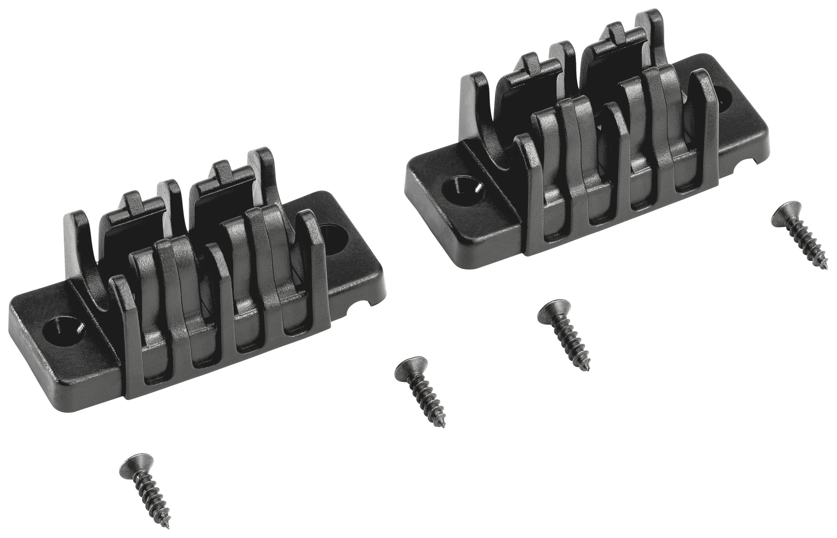 Bild zeigt zwei schwarze Kunststoffhalterungen mit jeweils zwei Klemmöffnungen, begleitet von vier kleinen Metallschrauben.