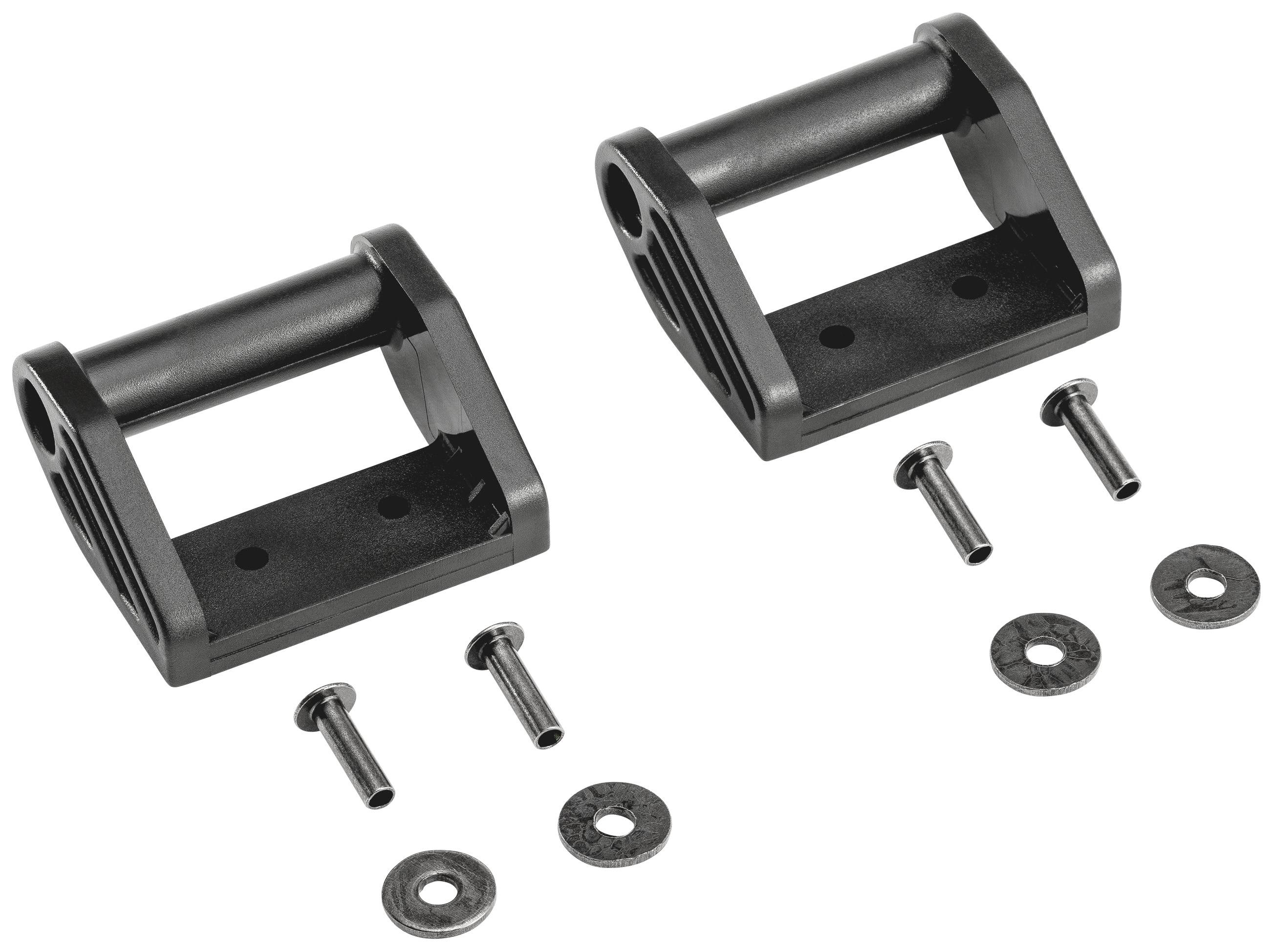 Zwei schwarze Kunststoffhalterungen mit je zwei Löchern werden mit jeweils zwei Schrauben und Unterlegscheiben geliefert.