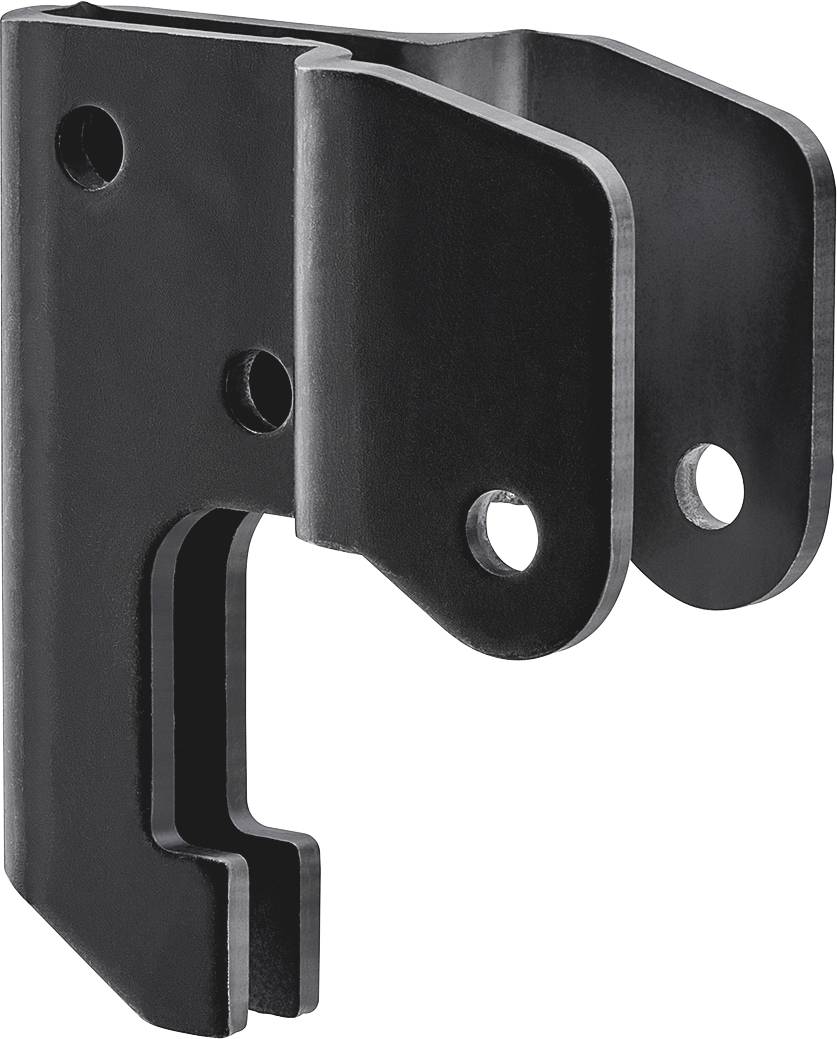Schwarzes Metallbauteil mit zwei Bohrungen, mechanische Halterung oder Verbindungselement für industrielle Anwendungen.