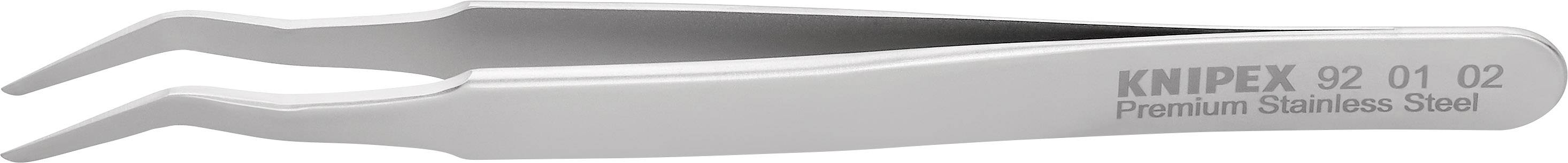 Edelstahl-Präzisionspinzette mit gebogenen Spitzen, beschriftet mit KNIPEX 92 01 02 Premium Stainless Steel.