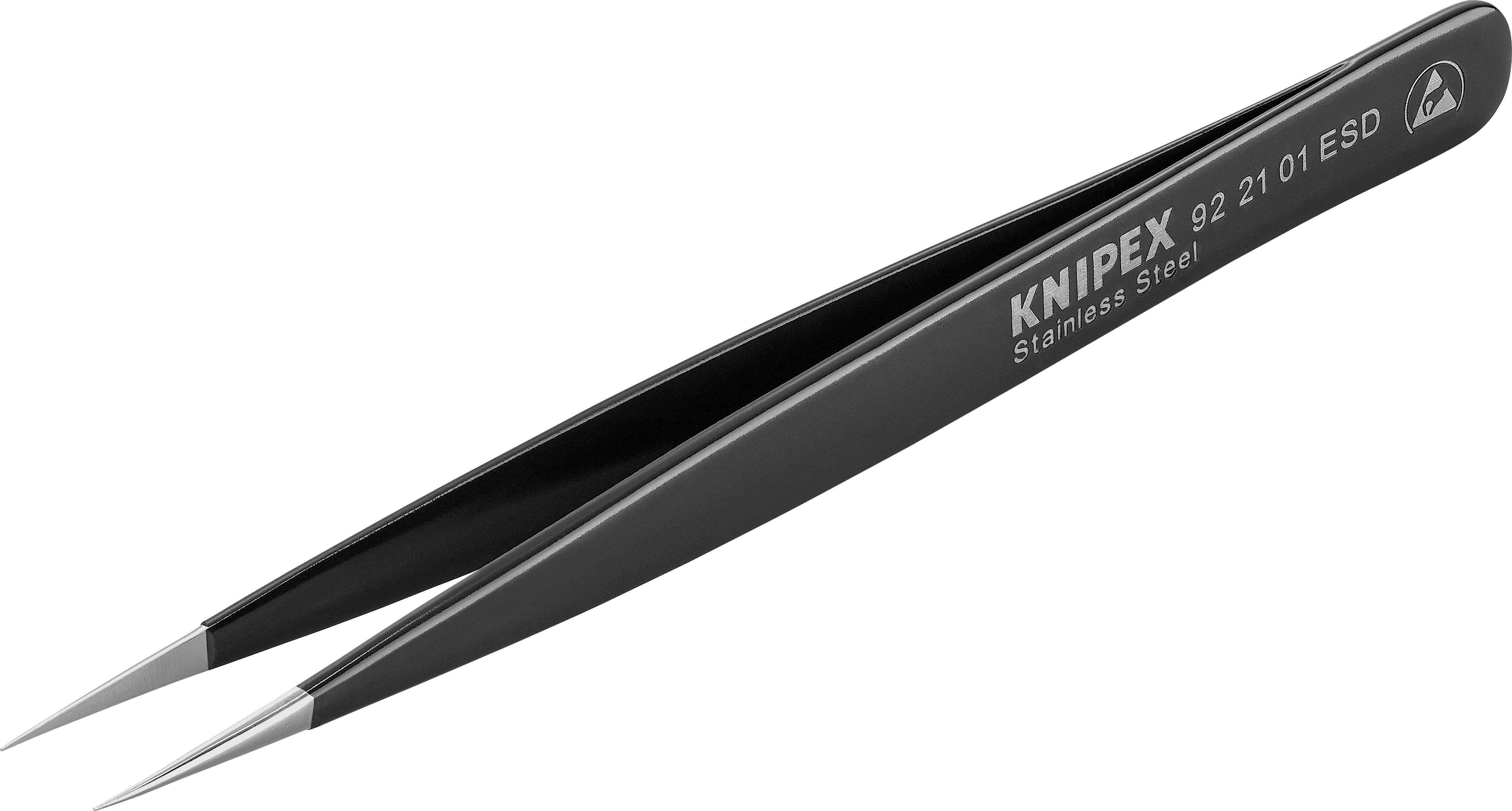 Schwarze Pinzette mit feiner Spitze, Aufschrift 'KNIPEX Stainless Steel 92 21 01 ESD', geeignet für präzise Arbeiten in Elektronik.