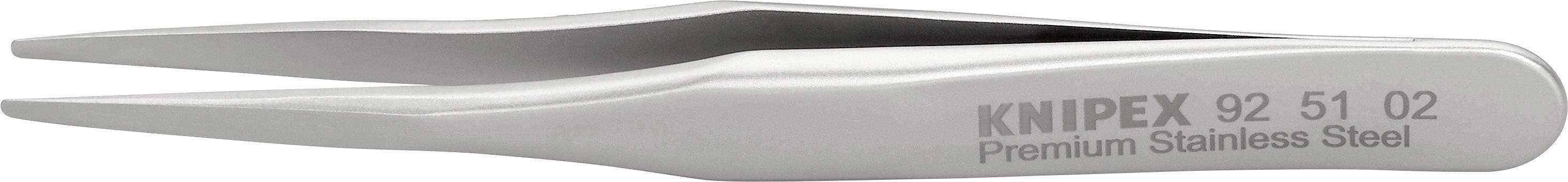 Silberne Pinzette aus Edelstahl, markiert mit 'KNIPEX 92 51 02 Premium Stainless Steel', vor weißem Hintergrund.