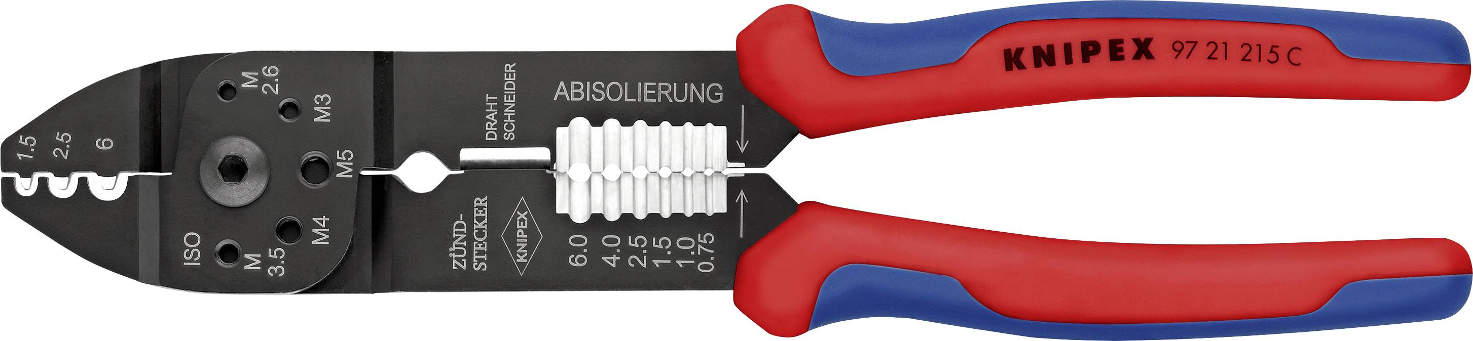 Abisolierzange von Knipex mit roten und blauen Griffen, geeignet zum Schneiden und Abisolieren von Drähten verschiedener Größen.
