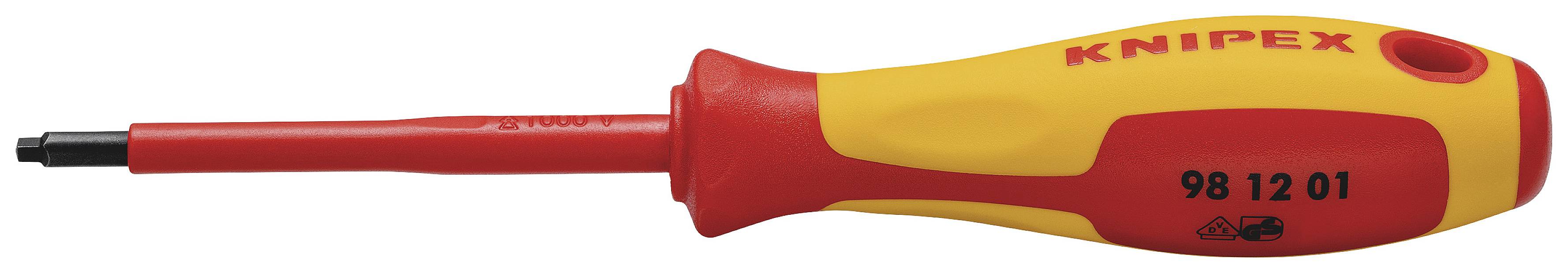 Isolierter Schraubendreher mit rotem und gelbem Griff, Markenname 'Knipex'.