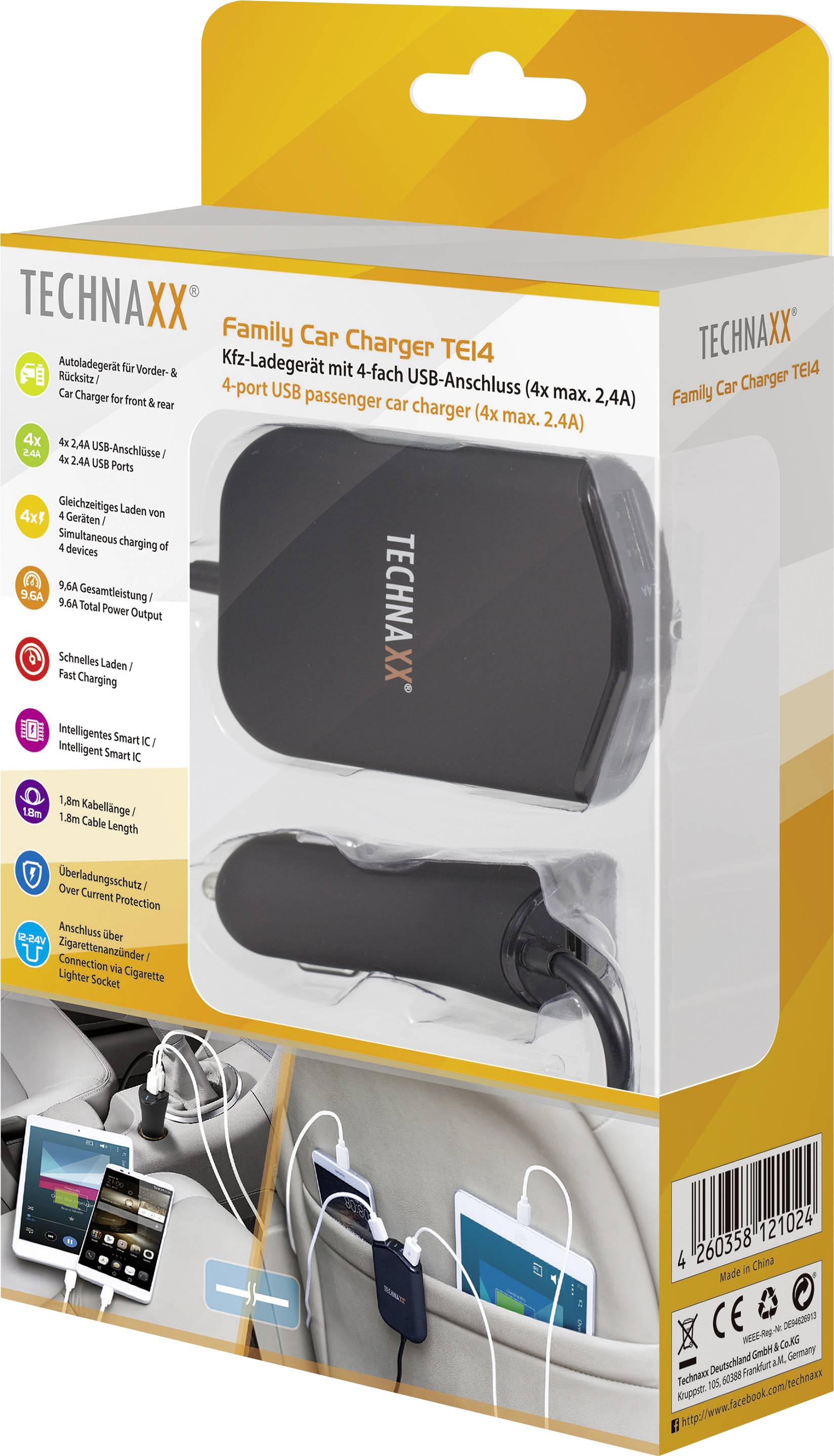 Technaxx 4708 TE14 Zigarettenanzünder-Verteiler Schnittstellen: USB 4 x