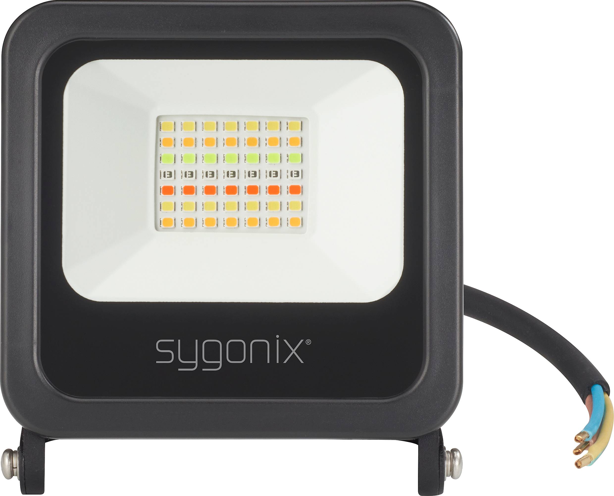 Ein LED-Flutlichtstrahler von Sygonix mit quadratischer Form, schwarzem Gehäuse und sichtbaren LED-Punkten in der Mitte.