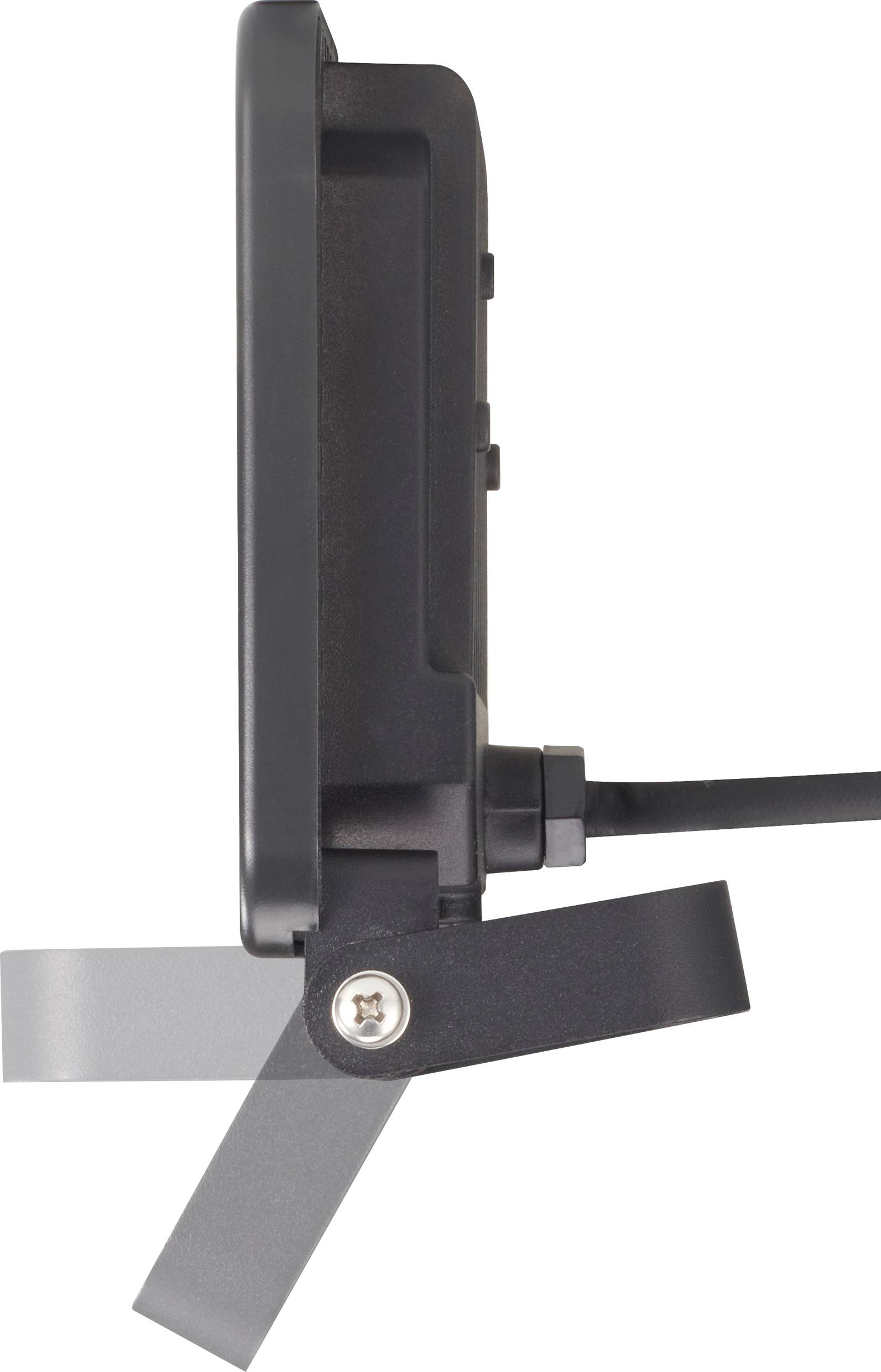 Seitliche Ansicht eines schwarzen LED-Flutlichts mit verstellbarem Montagebügel, Kabel an der Rückseite.
