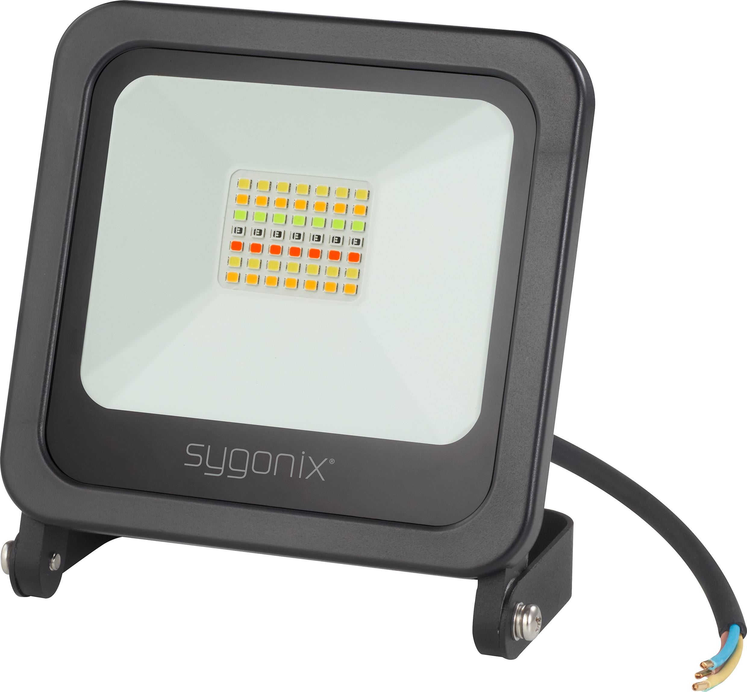 Ein rechteckiger LED-Fluter von sygonix mit schwarzem Rahmen und mehreren kleinen LED-Lichtquellen.