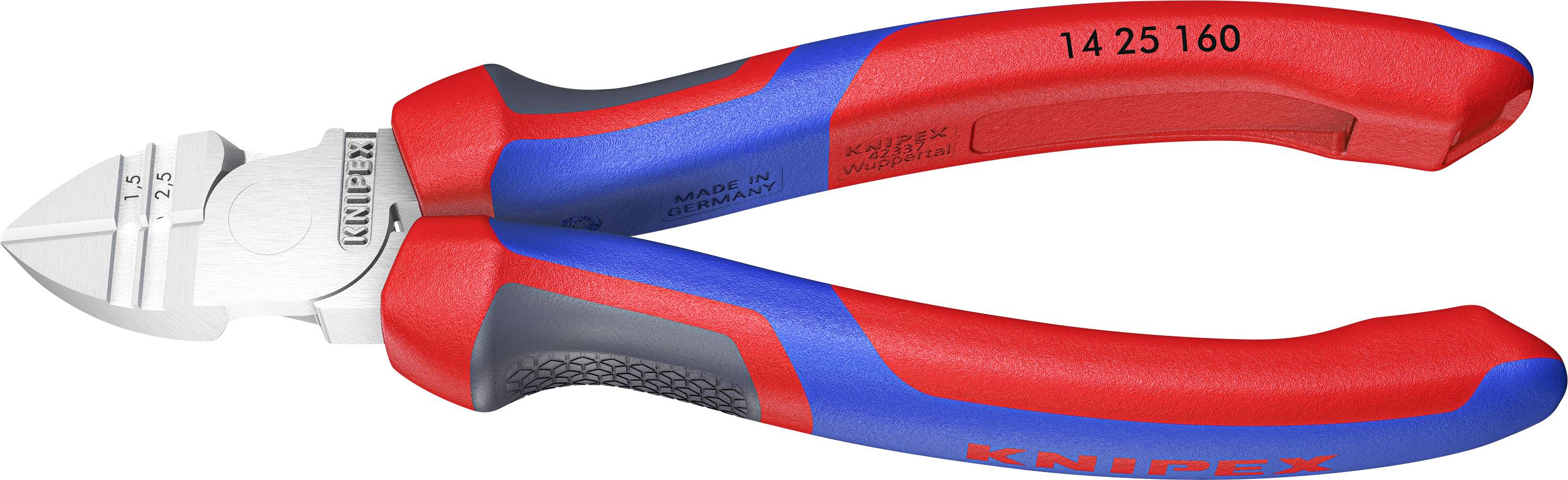 Seitenschneider mit rot-blauem Griff, geeignet zum Schneiden von Draht und Kabeln. Mit Aufdruck der Marke und Modellnummer auf dem Griff.