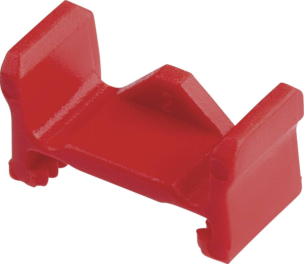 Rotes Plastikteilstück mit rechteckiger Form, das als elektrischer Verbinder oder Abdeckung verwendet werden könnte.