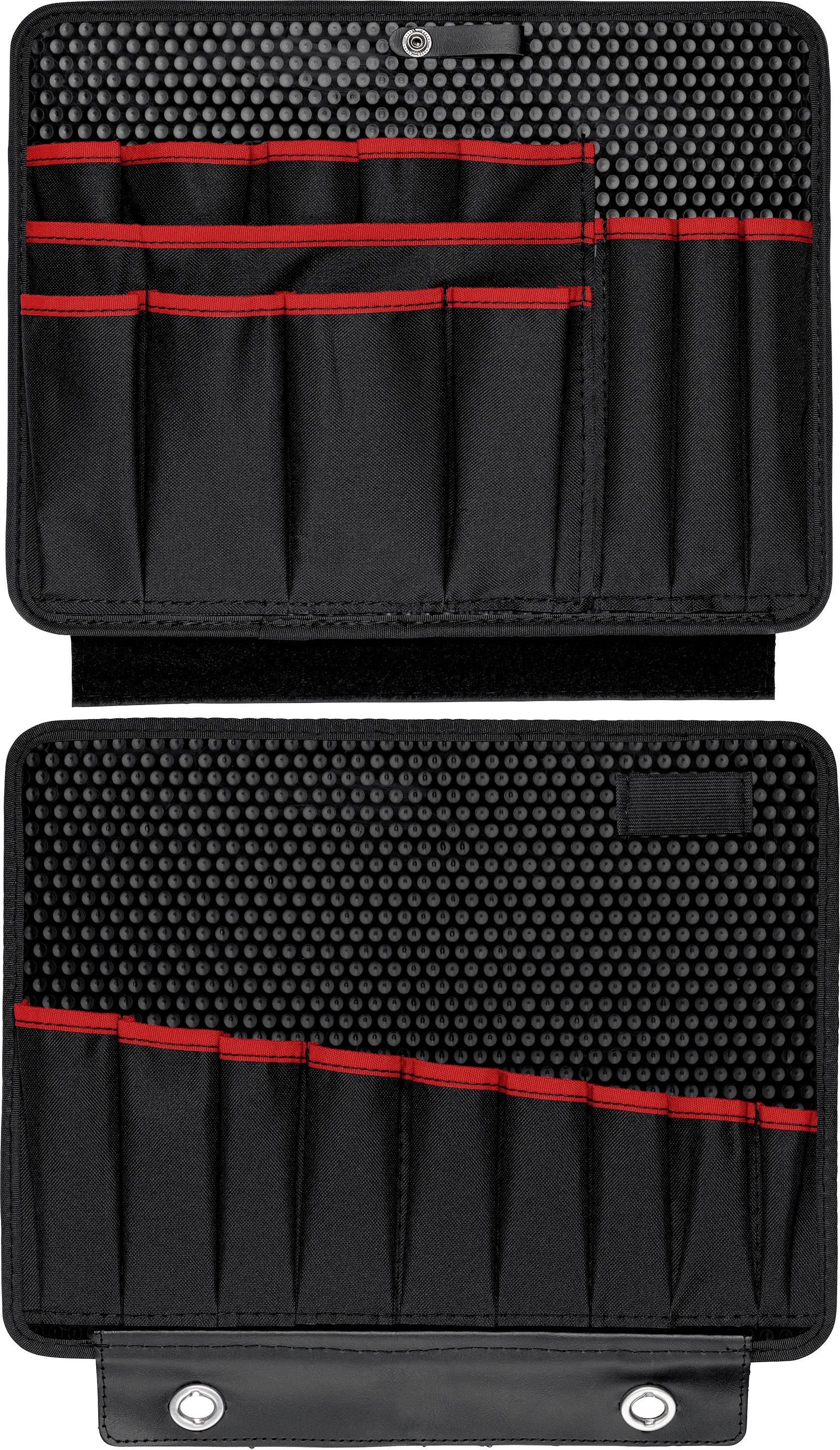 Schwarze Werkzeugtasche mit mehreren Fächern, rot akzentuiert. Ideal zur Aufbewahrung kleiner Werkzeuge.