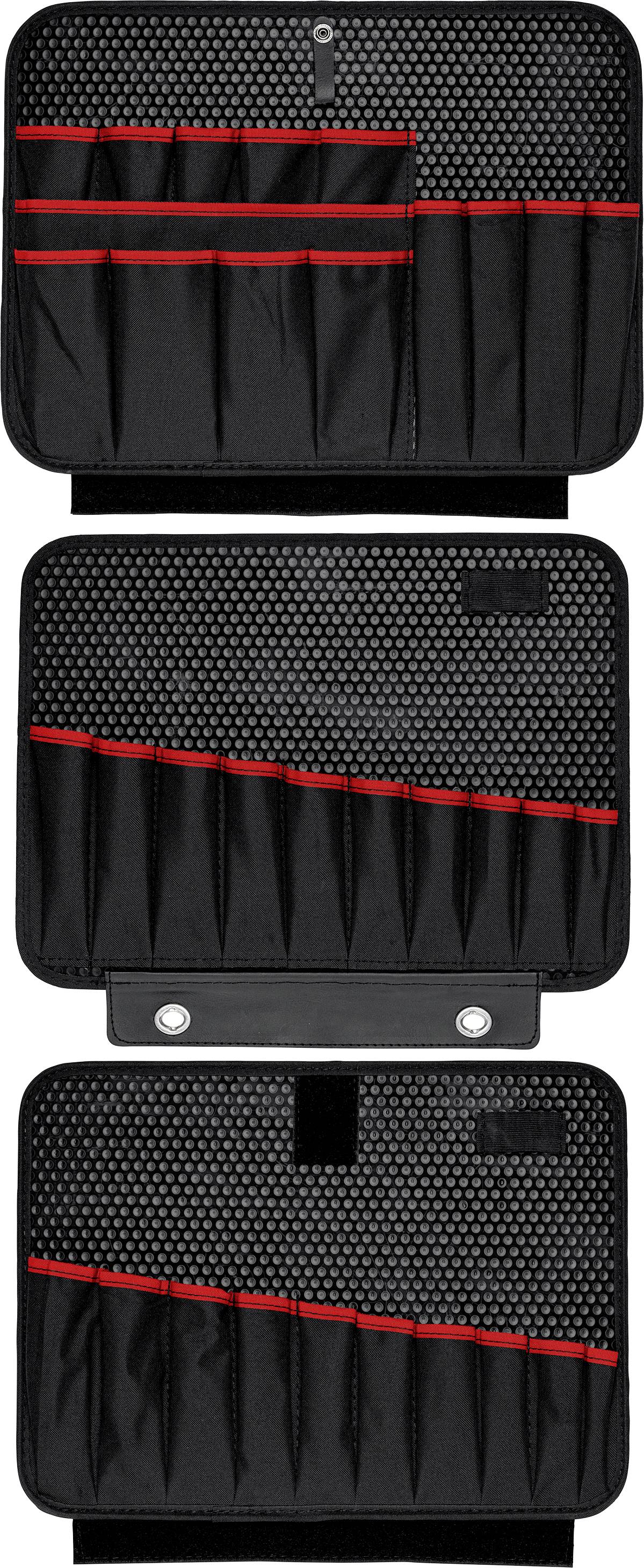 Schwarzes Werkzeug-Aufbewahrungsetui mit roten Nähten und mehreren Fächern, abgebildet in drei Ansichten: geöffnet, teilweise geöffnet und geschlossen.