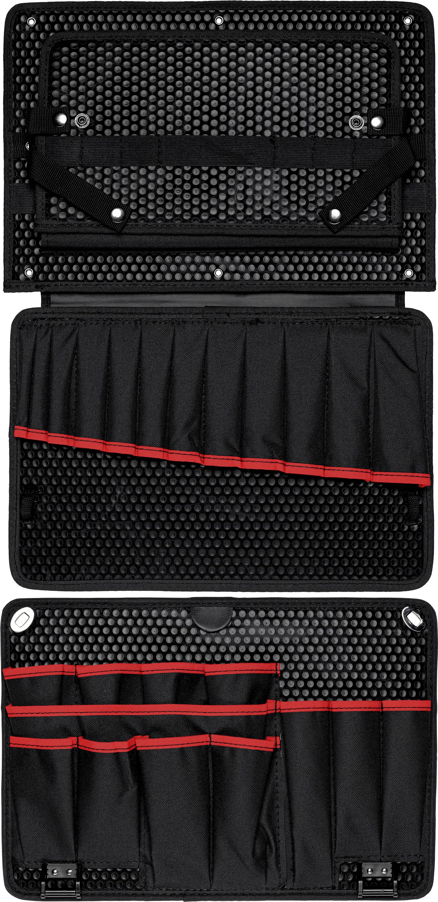 Schwarze Organizer-Tasche mit mehreren Taschen und Fächern, hervorgehoben durch rote Linien. Ideal zur Aufbewahrung kleiner Gegenstände.