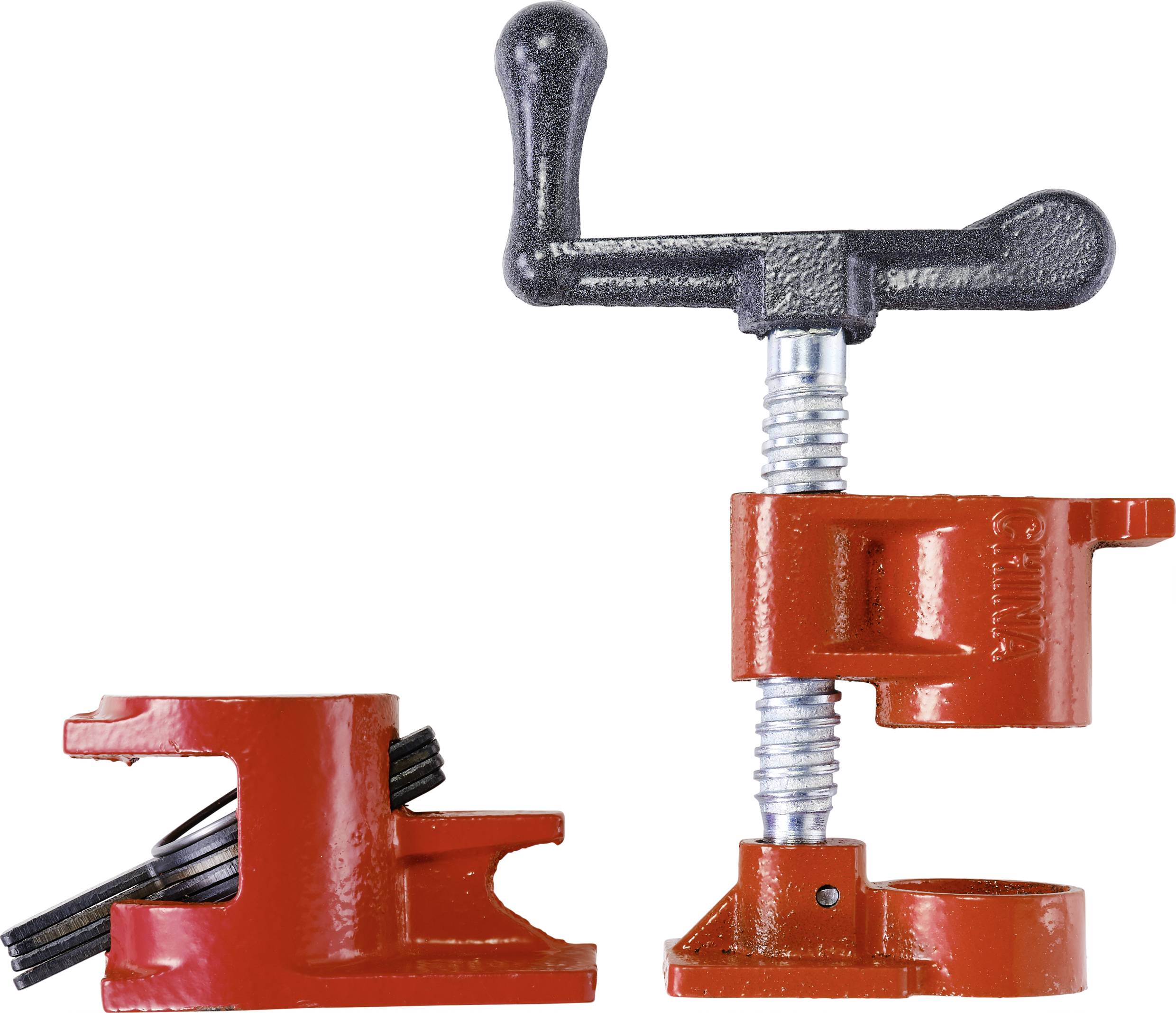 Rohrzwinge in Rot und Schwarz, bestehend aus zwei Teilen. Links: Unterteil mit Spannbacken, rechts: Schraubklemme mit Griff.