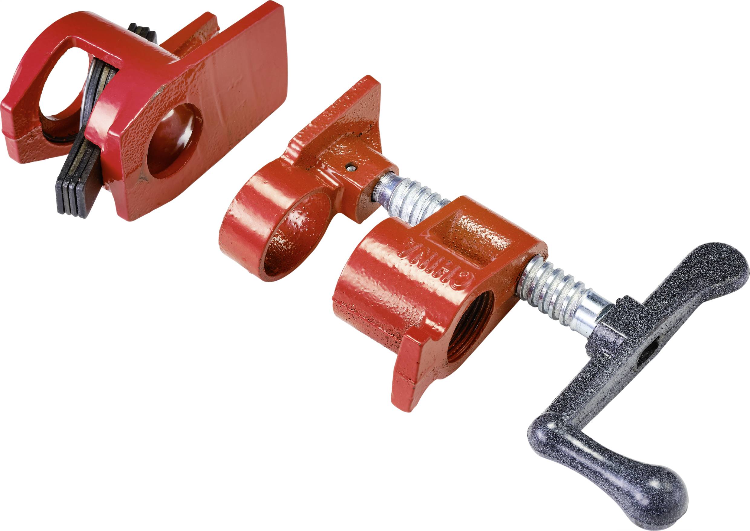 Rohrschraubzwinge aus Metall in Rot mit schwarzem Griff, zum Verbinden von Rohren oder Holzstücken in der Holzbearbeitung.