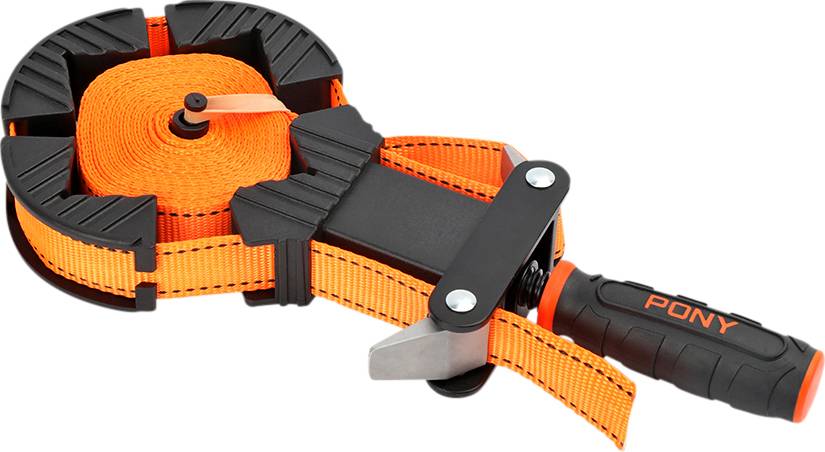 Ein Spannbandroller mit schwarzem und orangefarbenem Design, markiert mit 'PONY' auf dem Griff, für das sichere Aufrollen von Bändern.