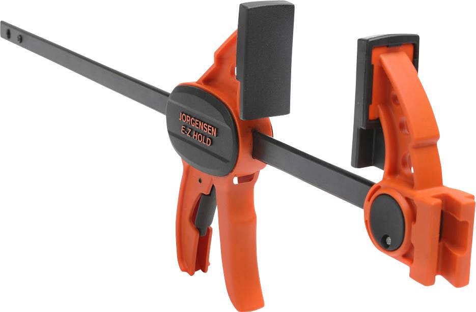 Orange-graue Einhandzwinge mit der Aufschrift 'JORGENSEN E-Z HOLD'. Hauptwerkzeug zum Halten oder Klemmen von Materialien.