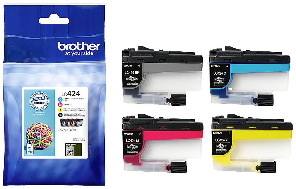 Vier Brother-Tintenpatronen in Schwarz, Cyan, Magenta und Gelb neben einer Verpackung. Verpackung zeigt das Brother-Logo.