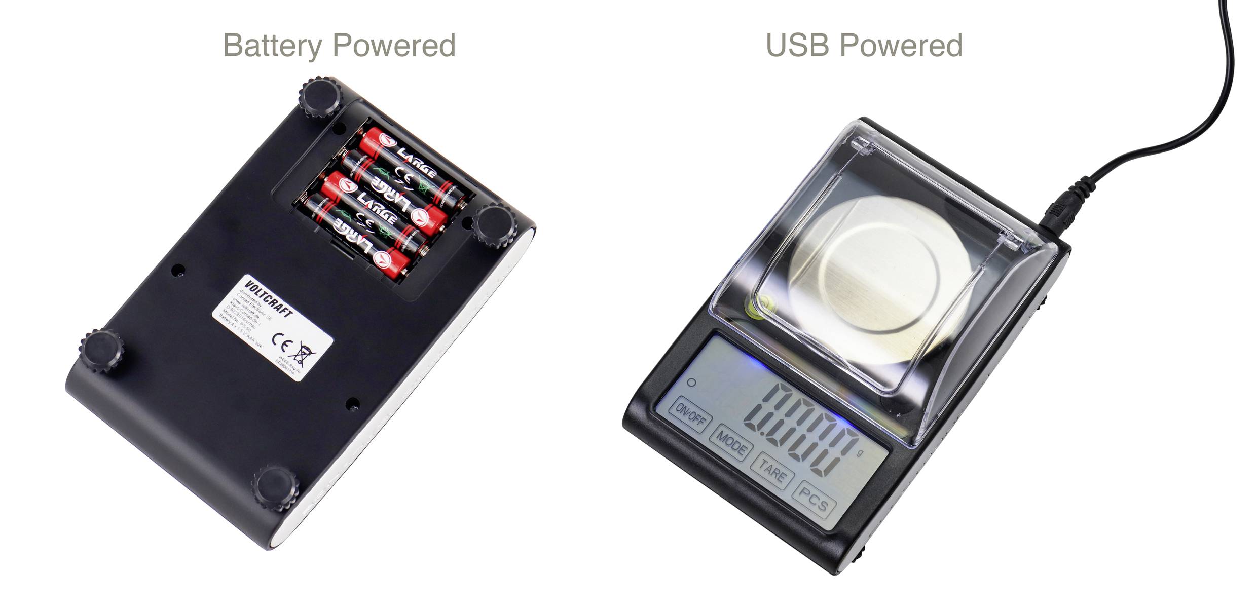 Bild zeigt eine batteriebetriebene Waage auf der linken Seite und eine ähnliche, per USB-Kabel betriebene Waage auf der rechten Seite.