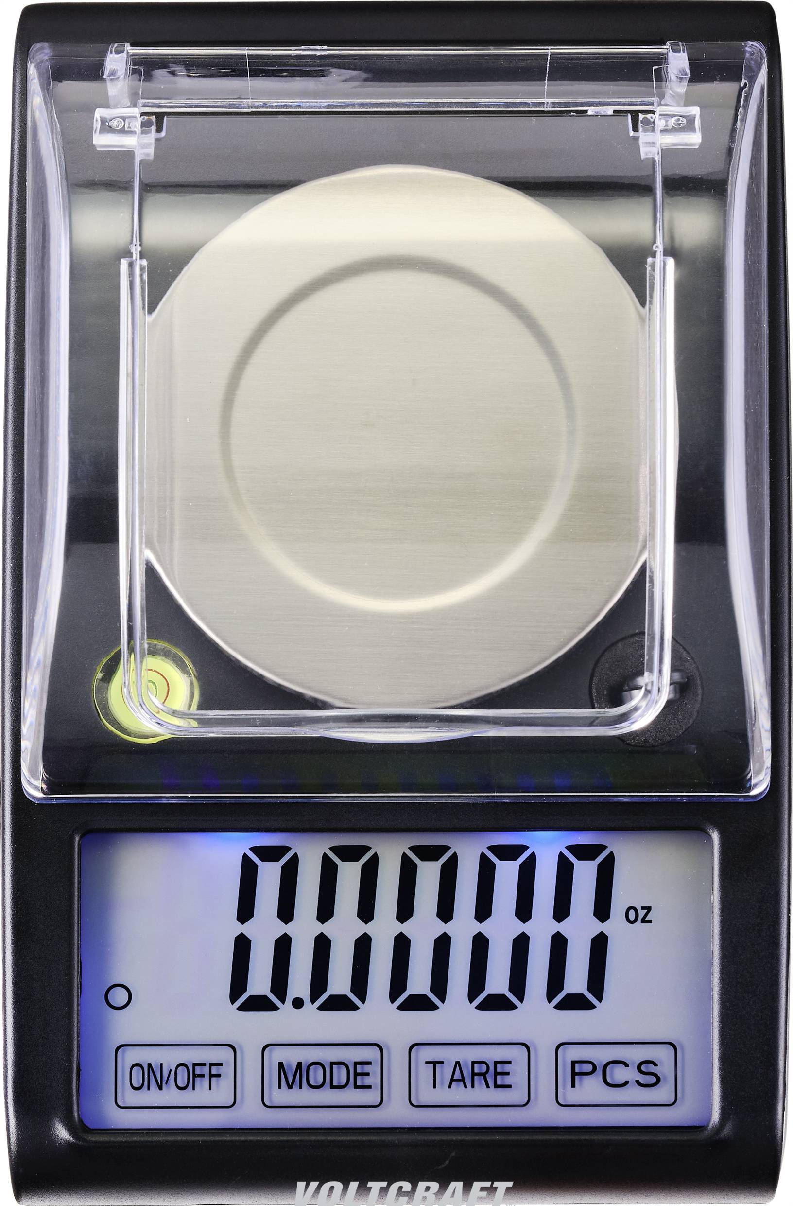 Eine digitale Waage mit beleuchtetem Display zeigt '0.000 oz' an. Darunter befinden sich Tasten für Ein/Aus, Modus, Tara und Stückzählung.