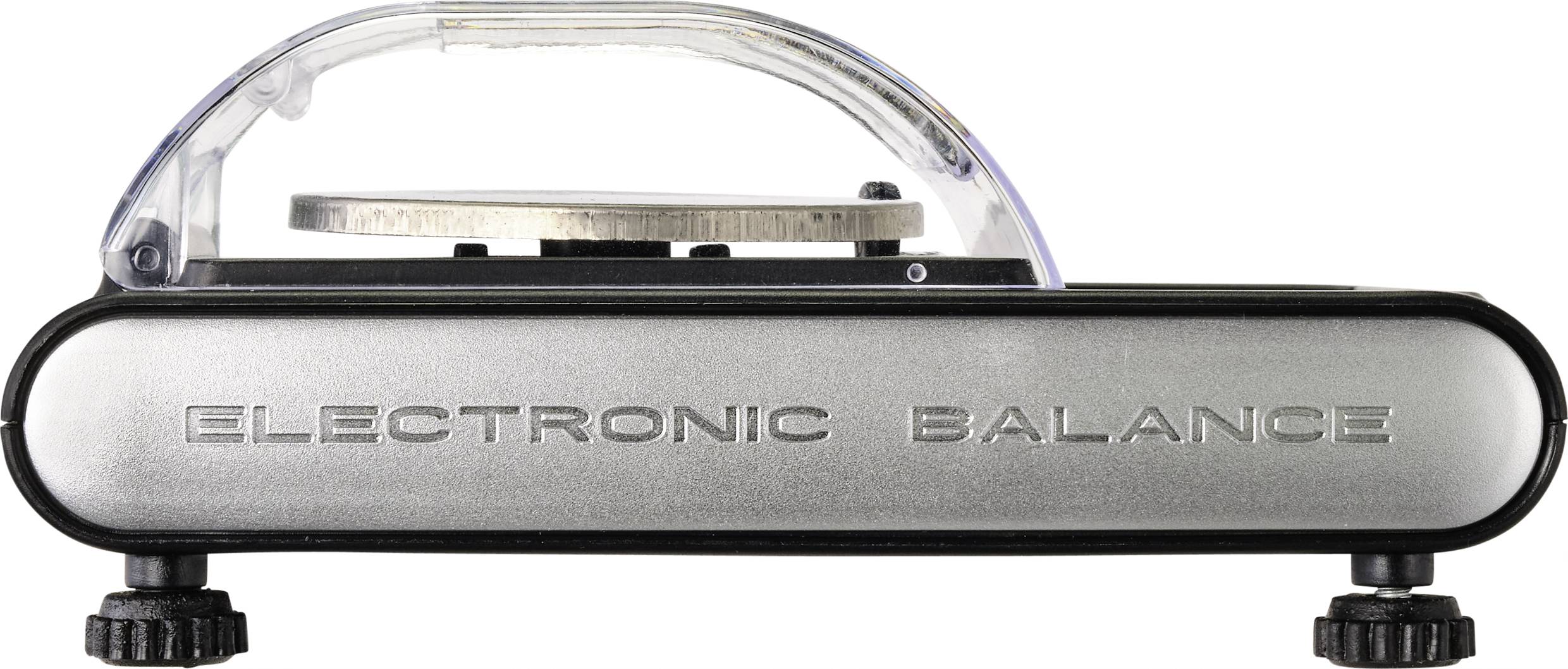 Elektronische Waage in Seitenansicht mit silbernem Gehäuse und durchsichtiger Abdeckung.