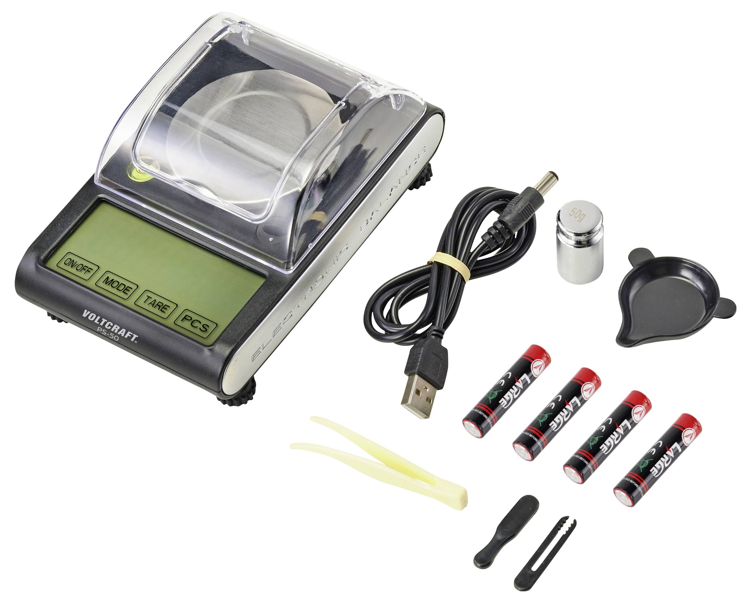 Digitale Feinwaage mit Zubehör: Batterien, Kalibriergewicht, USB-Kabel, Pinzette und Schutzschale.