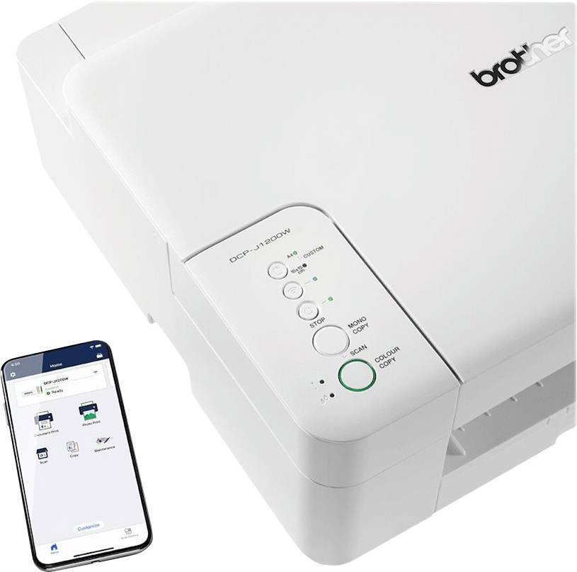 Drucker neben einem Smartphone mit geöffnetem Bedienfeld auf dem Bildschirm. Der Drucker ist bereit für drahtloses Drucken.