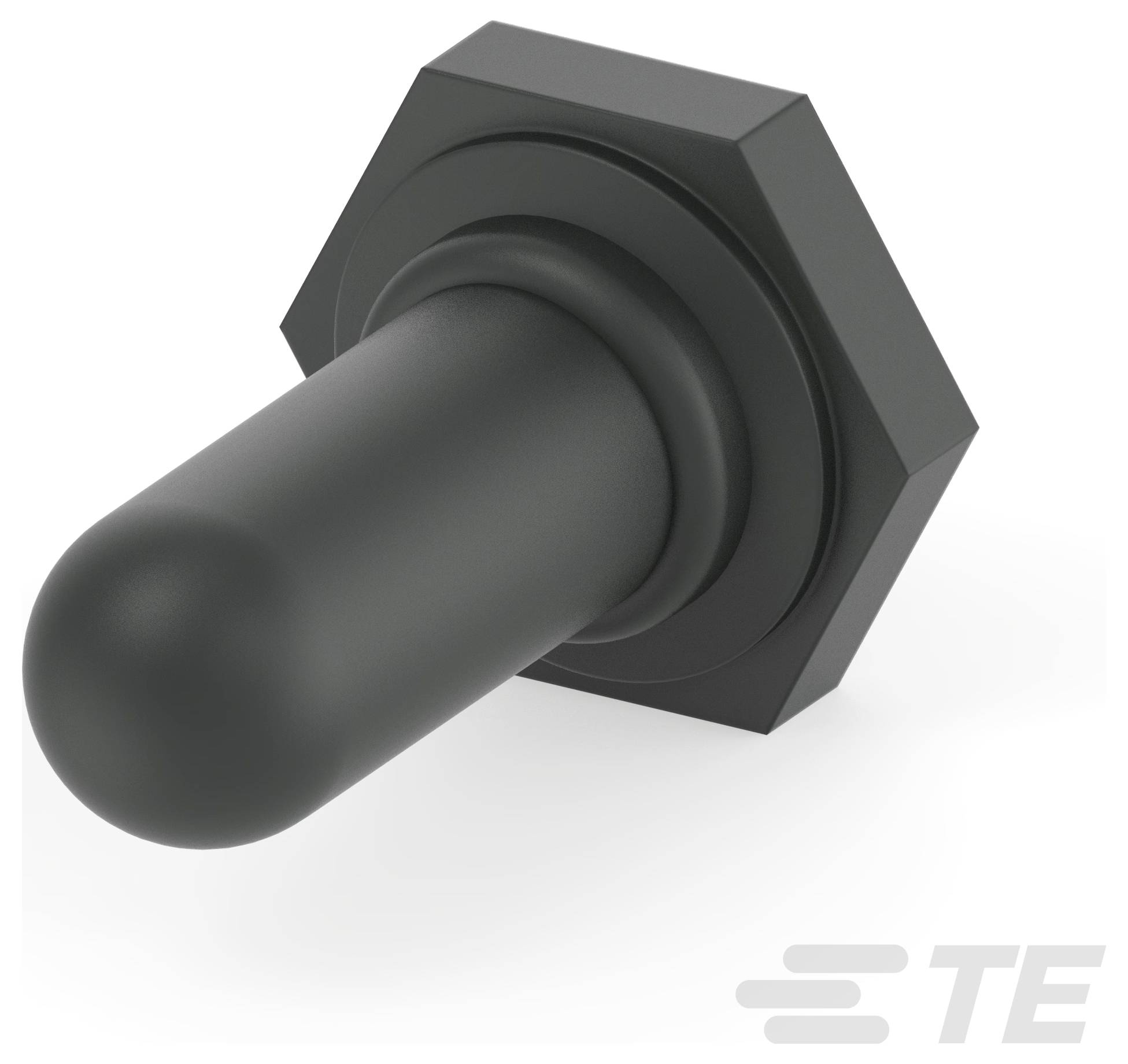Eine schwarze, sechseckige Schutzklappe mit zylindrischer Gummispitze, entwickelt zum Schutz von Kippschaltern. 'TE'-Logo unten rechts.