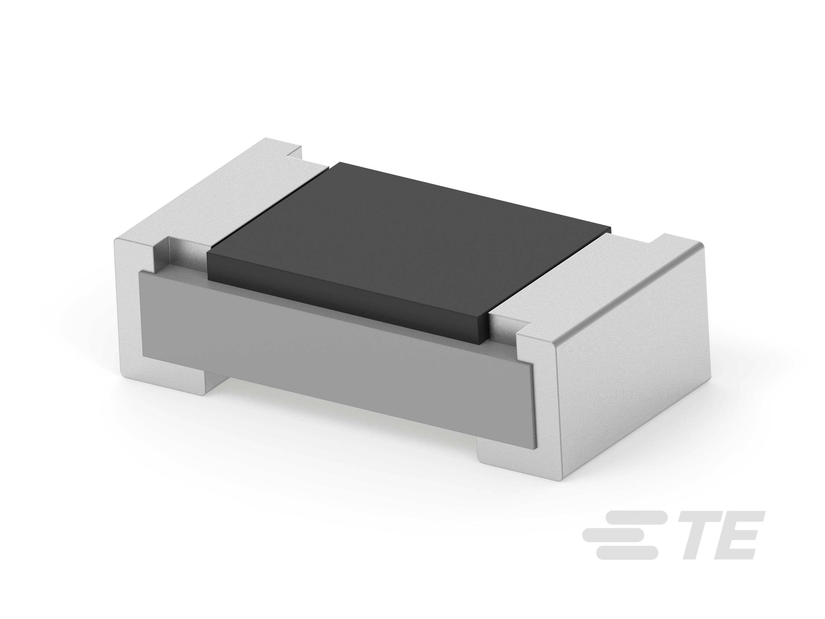 Ein rechteckiges elektronisches Bauteil mit flacher, dunkler Oberfläche und silbernen Seiten, dargestellt auf weißem Hintergrund.