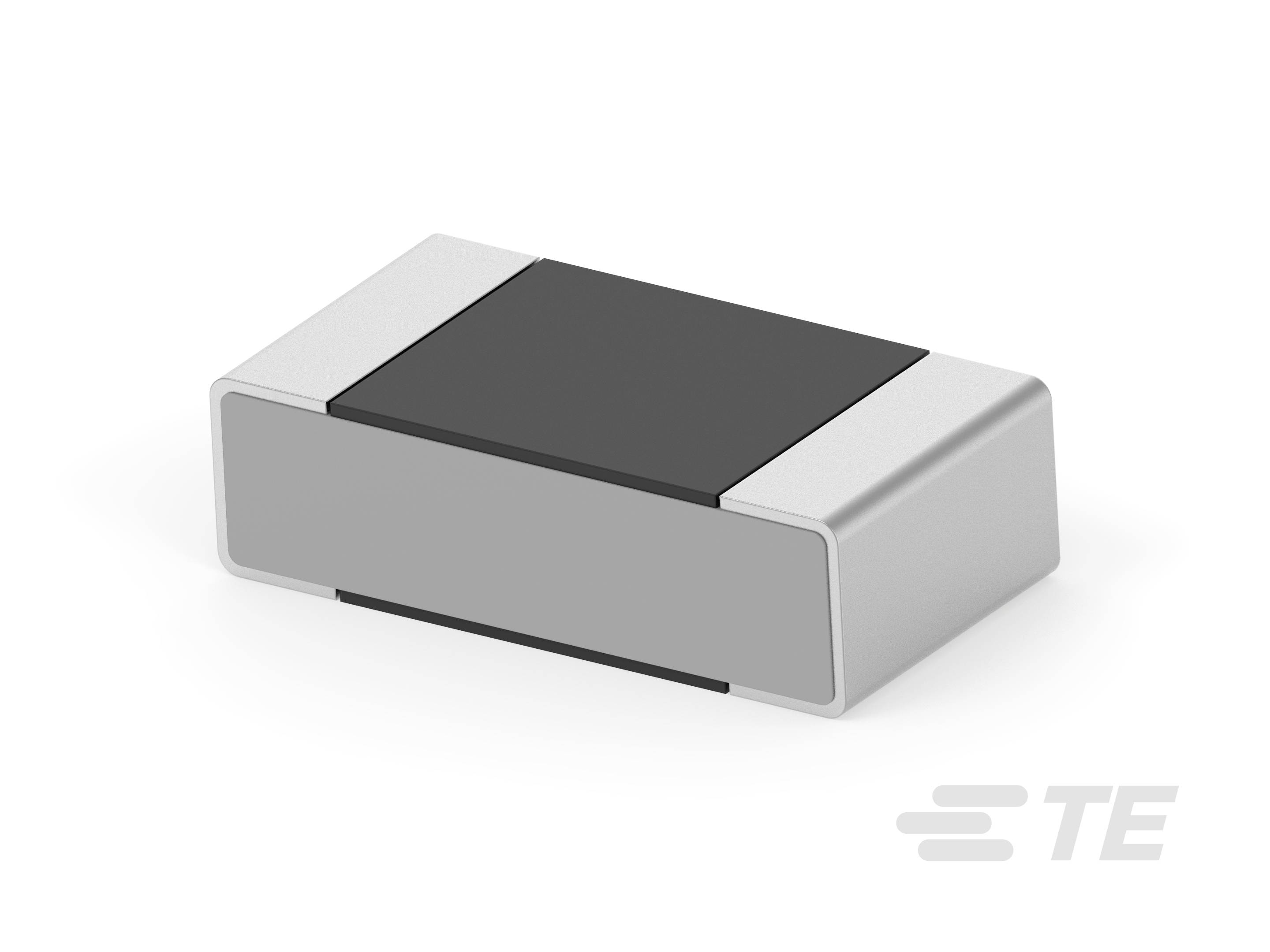 Kompakte elektronische Komponente, rechteckige Form mit metallischen und schwarzen Elementen, zeigt TE-Logo unten rechts.
